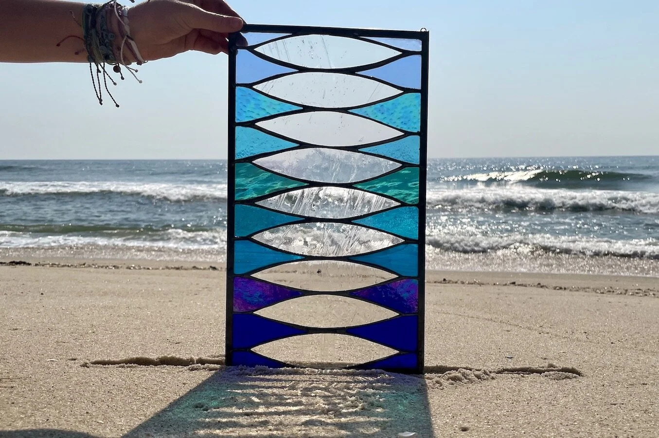 tribal pattern blue ombre stained glass