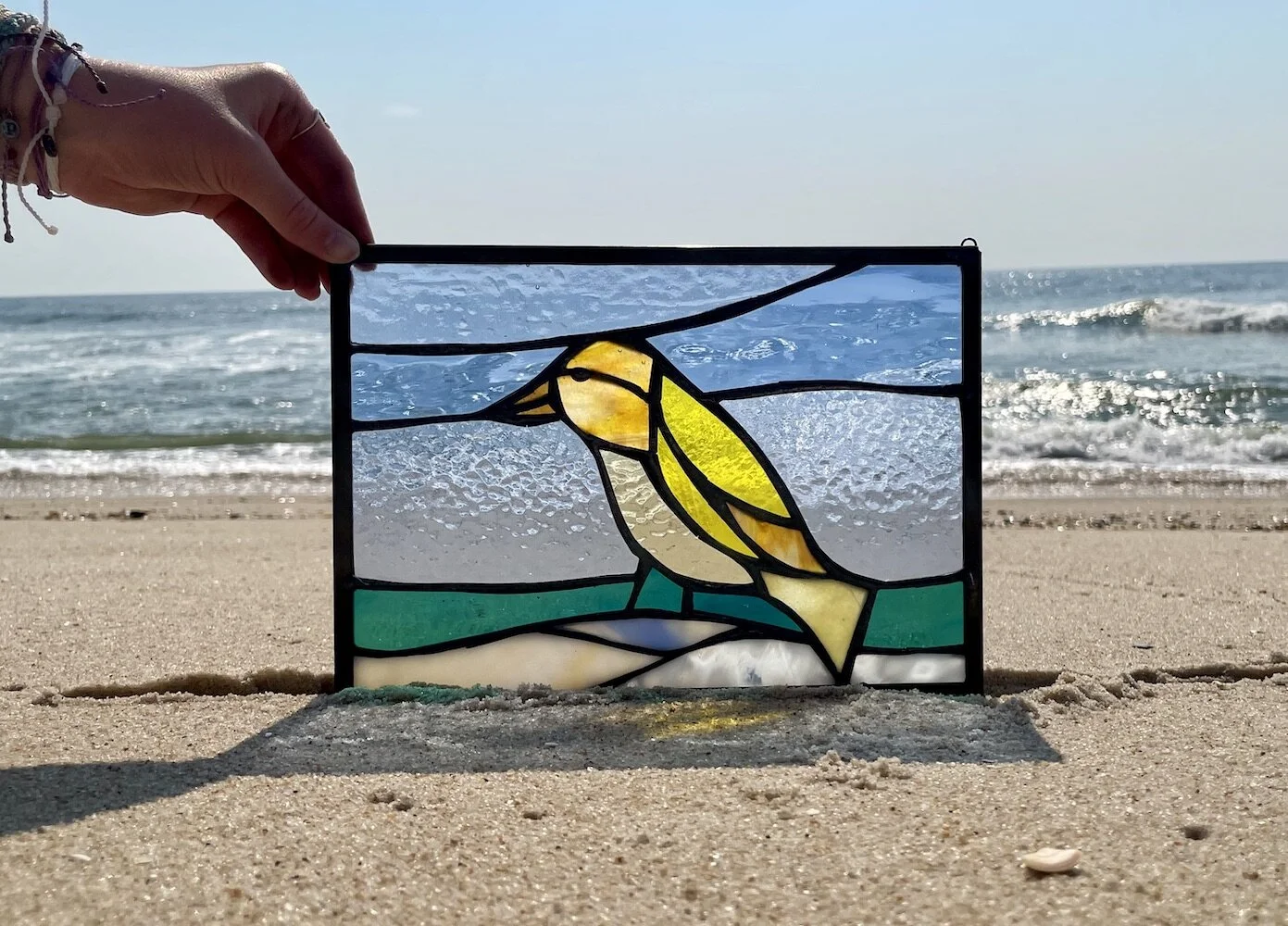 yellow bird stained glass panel