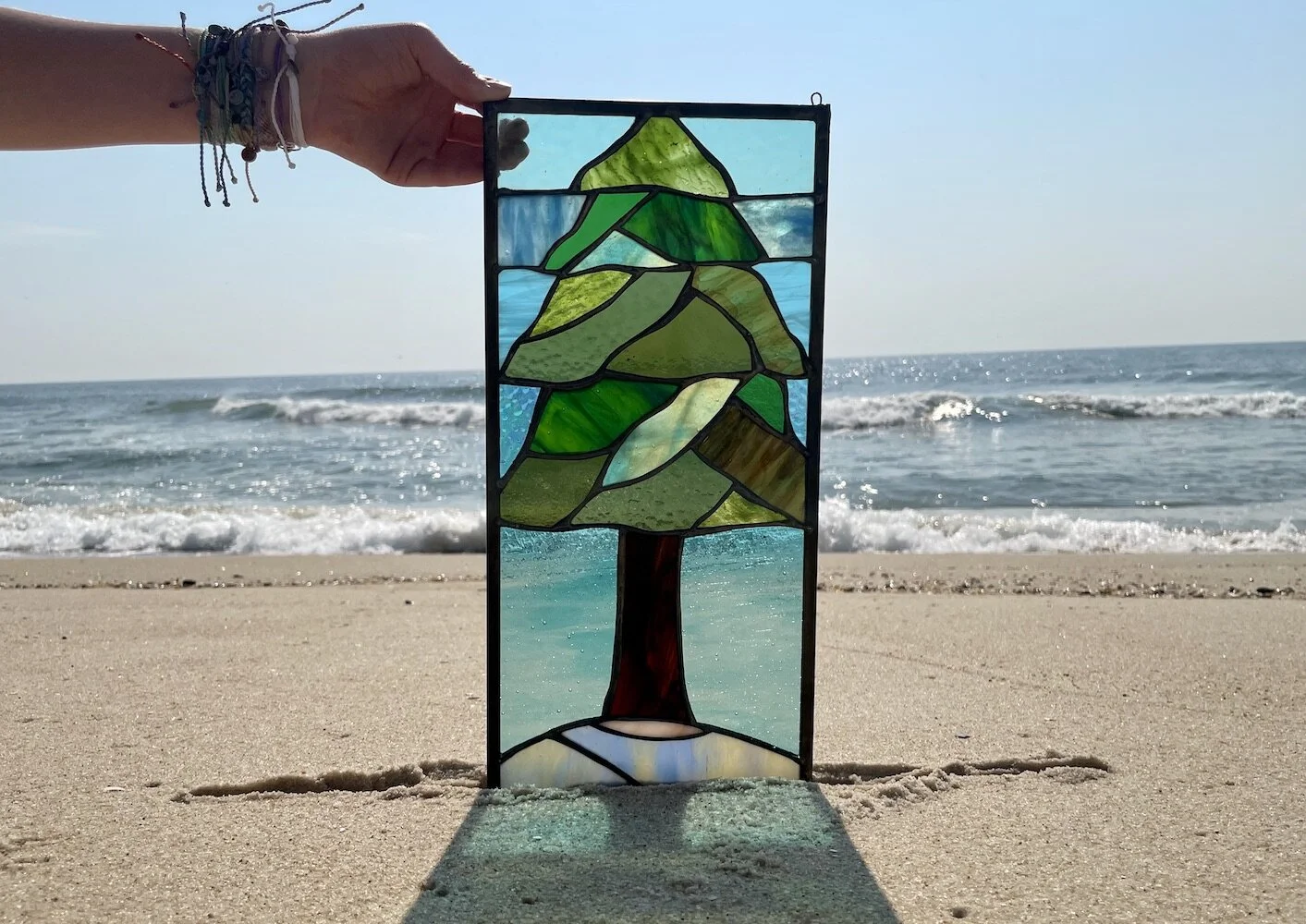 pine tree beach stained glass