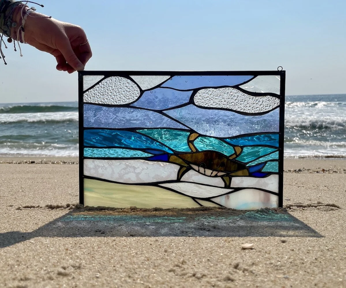 blue claw crab stained glass window