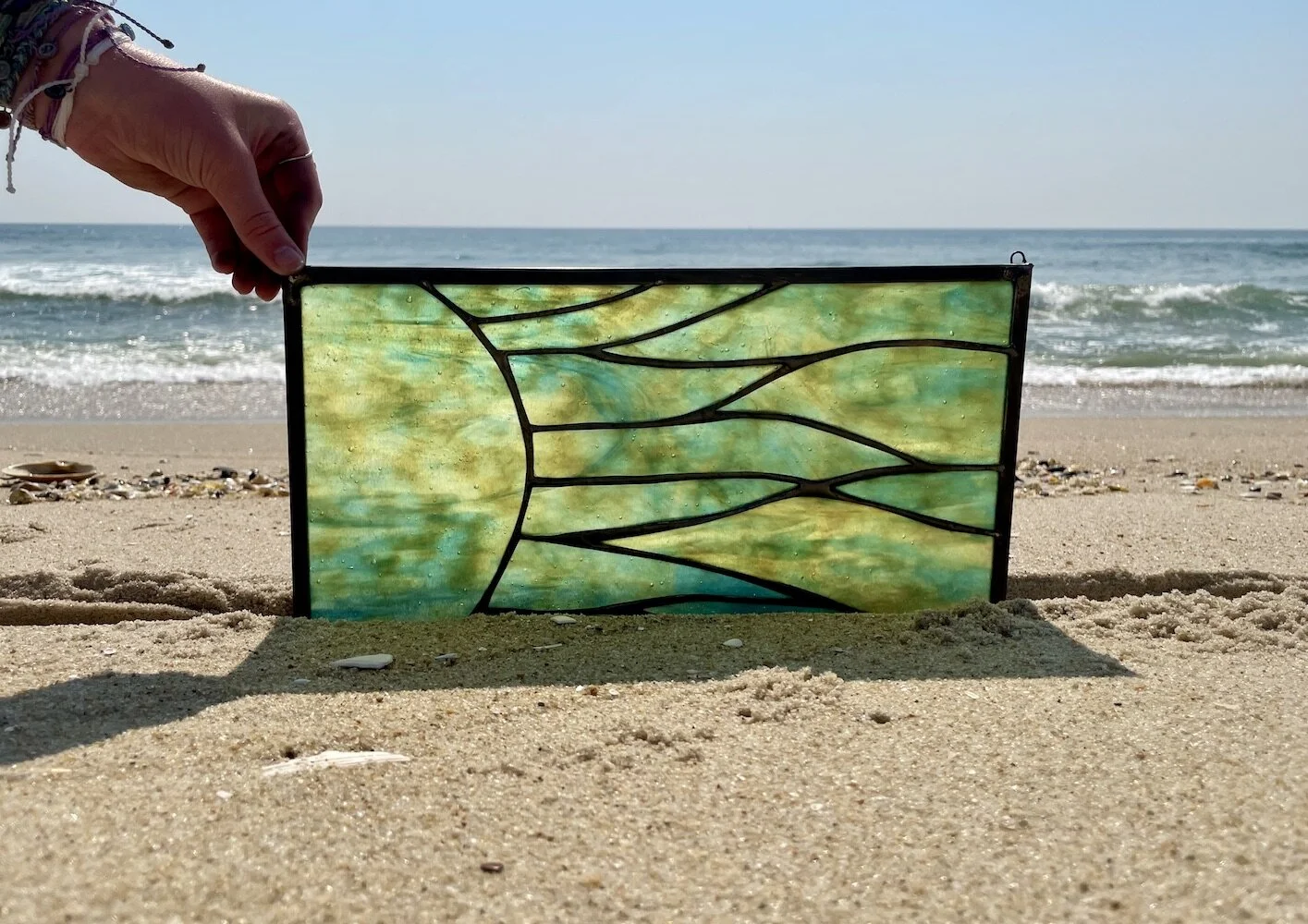 green oceana sunrise stained glass panel