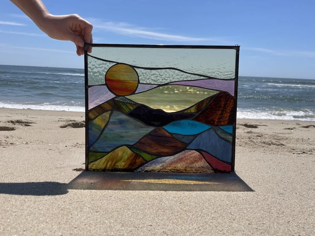 sunset over mountains custom stained glass