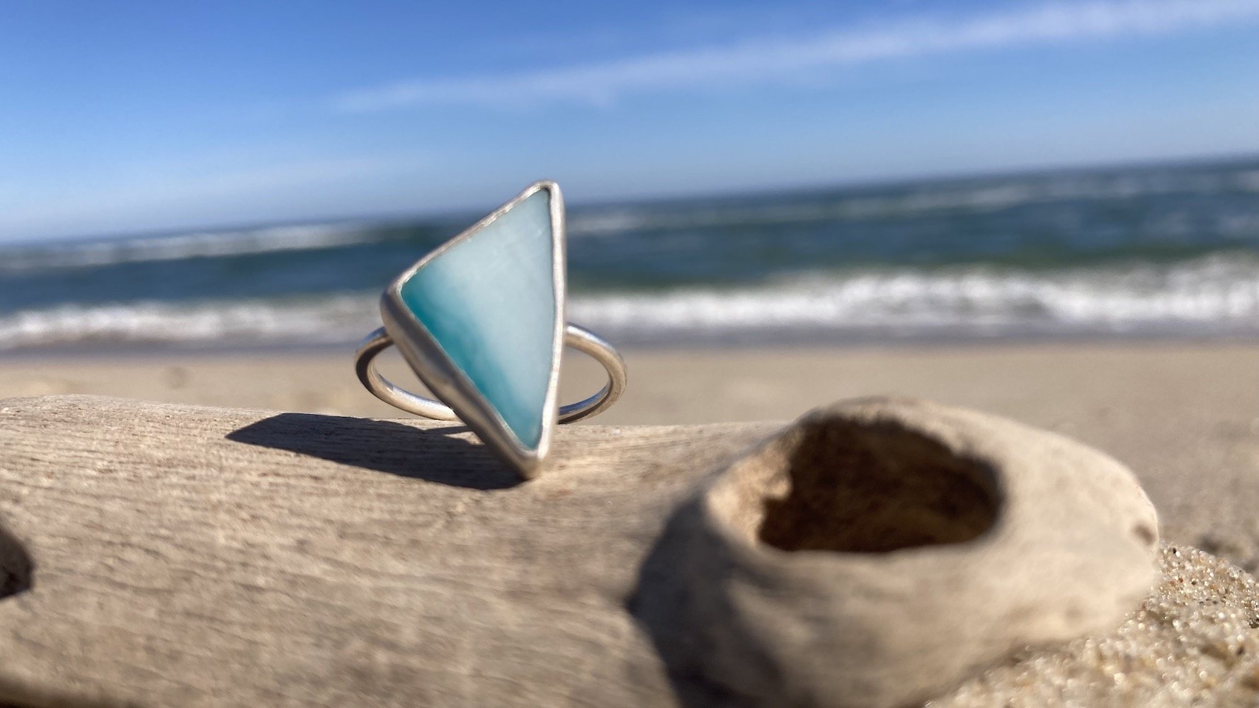 Blue Ombre triangle sea glass ring 1 front.jpeg