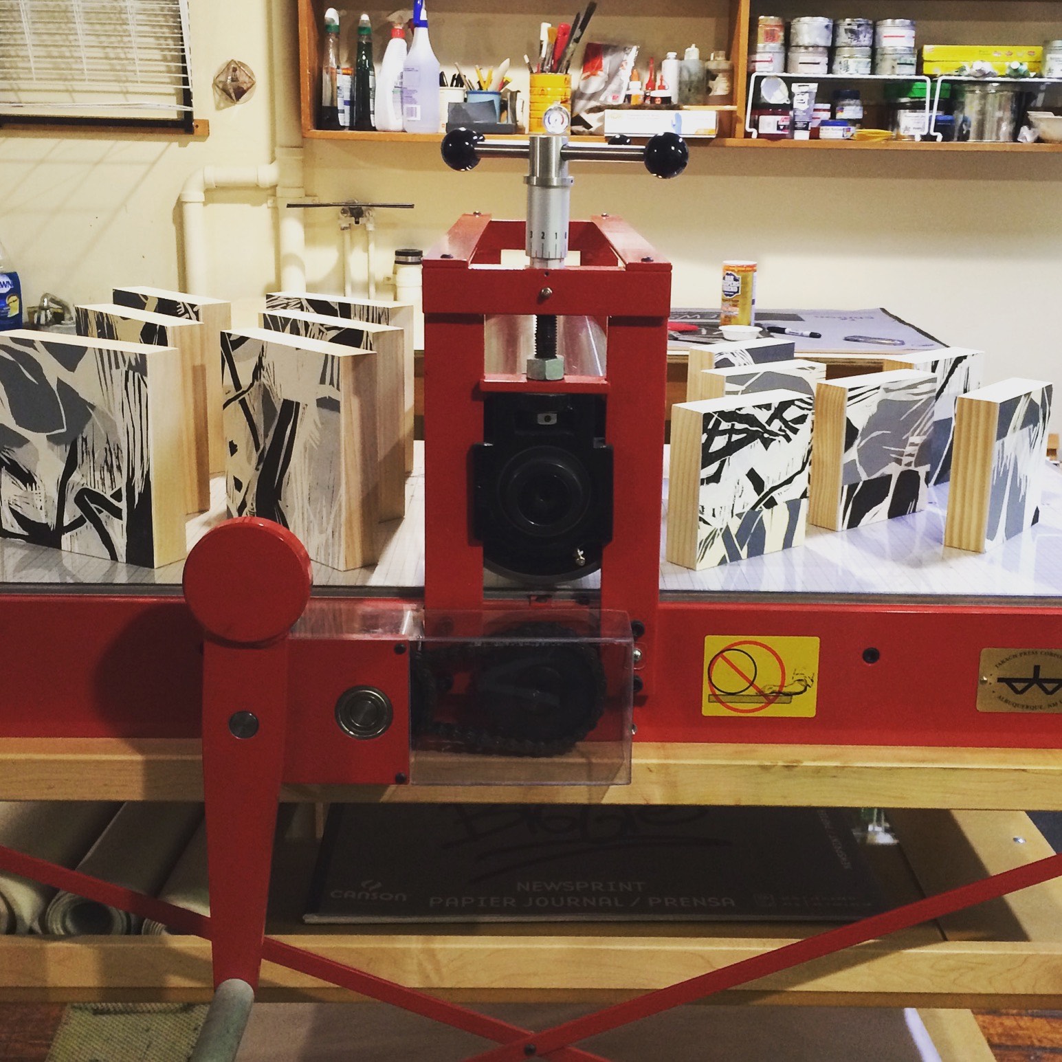 Small woodcuts mounted to panel, headed to the PAC Little Pictures Show, 2016