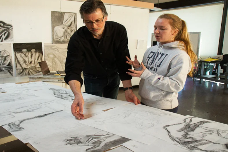 Michael in Drawing class with Student, Katherine Worth, photo credit: Julia Rubin