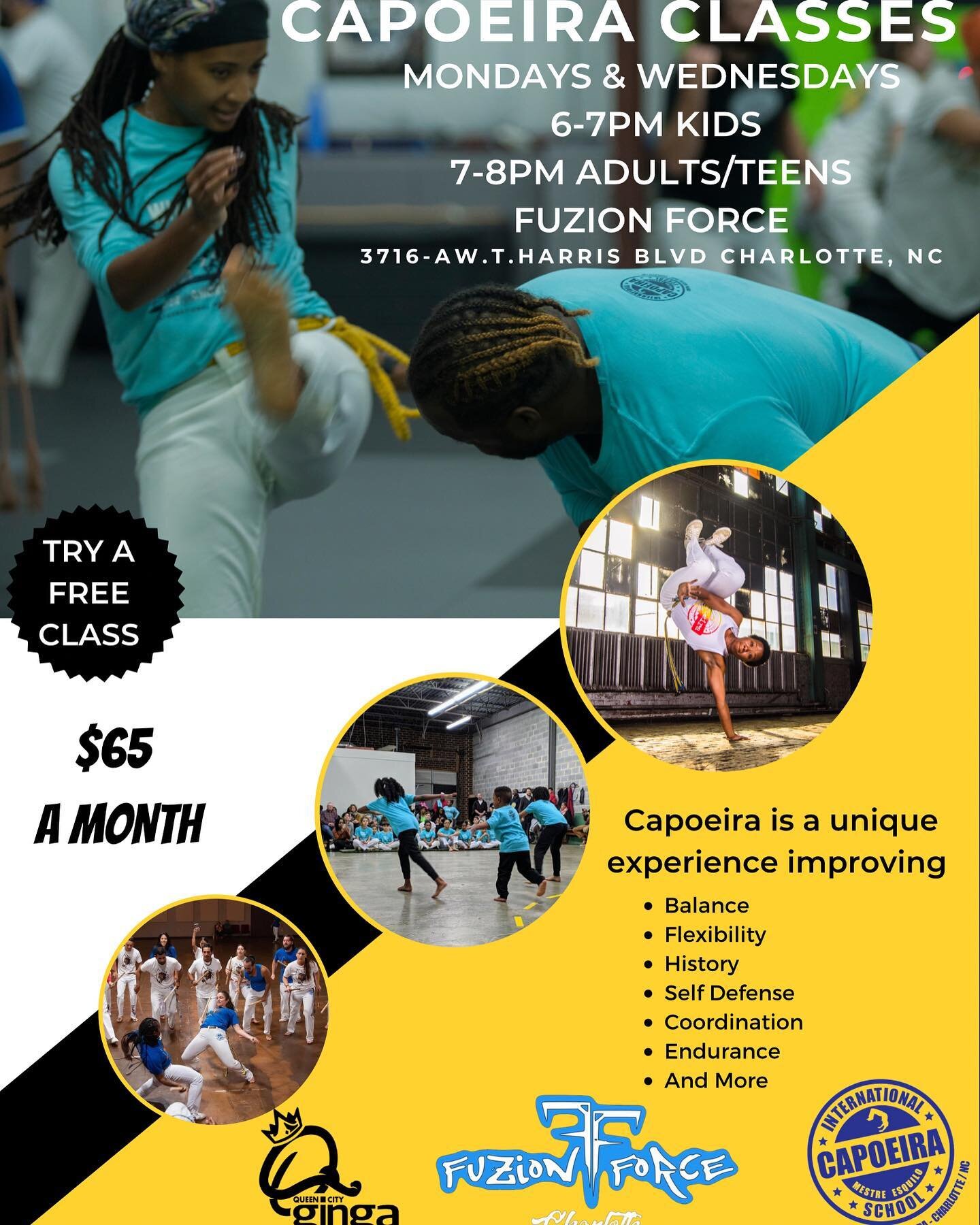 Classes for kids, teens and adults starting Wednesday, September 7th 
📍Fuzion Force

Capoeira is the only martial art where men, women, and children can interact together. Capoeira can improve flexibility, endurance, strength, coordination, rhythm a