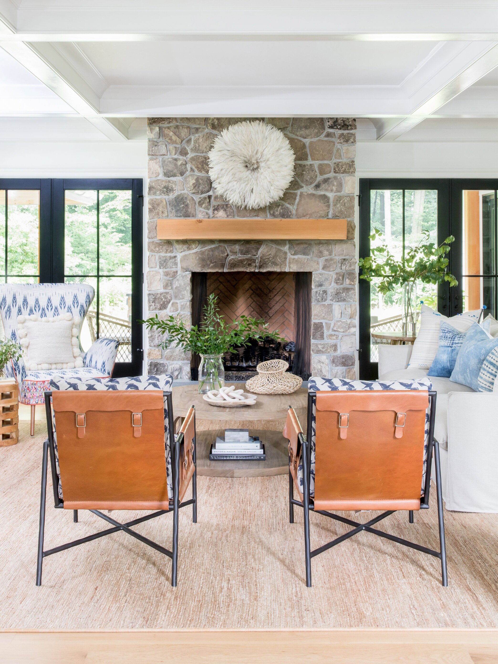 Stephanie+Kraus+Designs+Farmhouse+Family+Room+Stone+Fireplace+Leather+Chairs+Black+Windows+Coffered+Ceiling+Shiplap