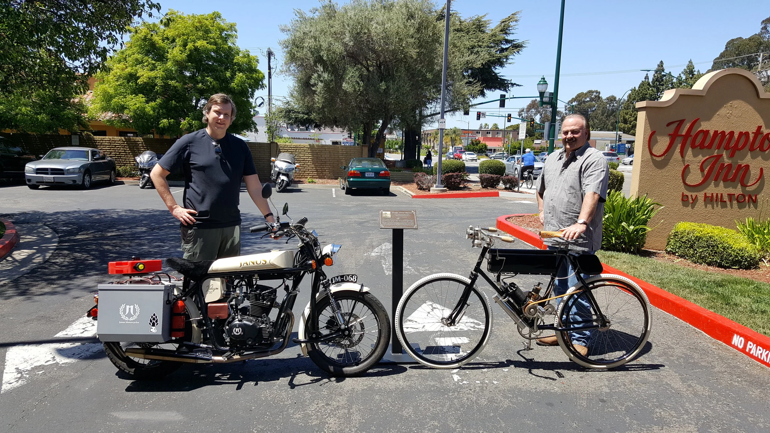 Janus Motorcycles' Halcyon 250 #68 posed with one of three known examples of the 1902 California--the same motorcycle George Wyman rode across America!