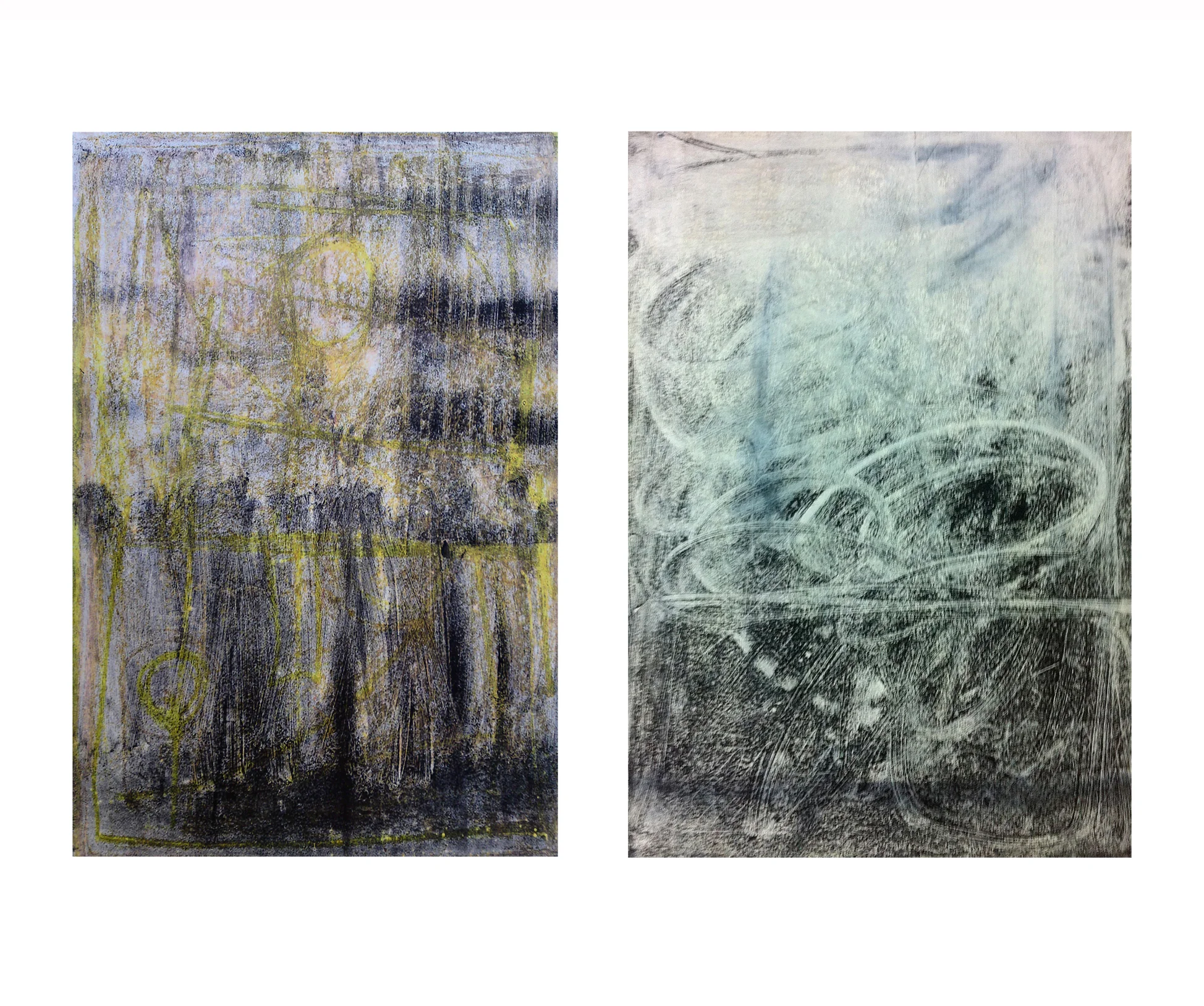 'A and B from Panel X Series', 2009, ink, spray paint and oil pastel monoprint on paper, 40 x 50 cm each