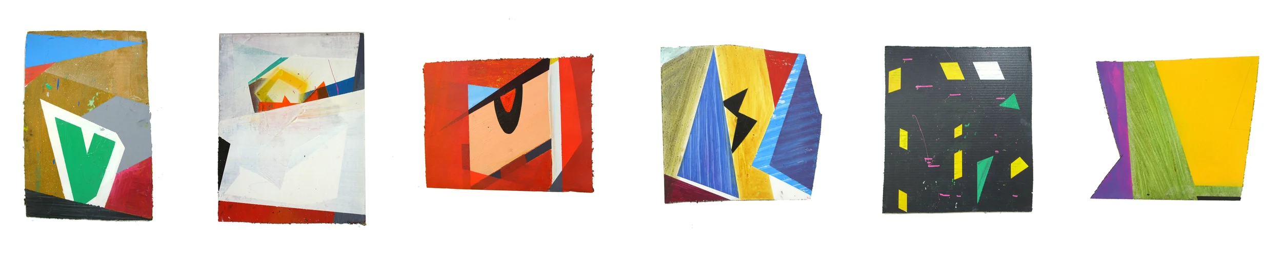 2007 Series, oil paint, acrylic, gloss paint and spray paint on cardboard, dimensions variable: (from left to right) 'Vision', 'Crown', 'The Last Play', 'Pool Party', 'SW19' and 'Nightwatch'