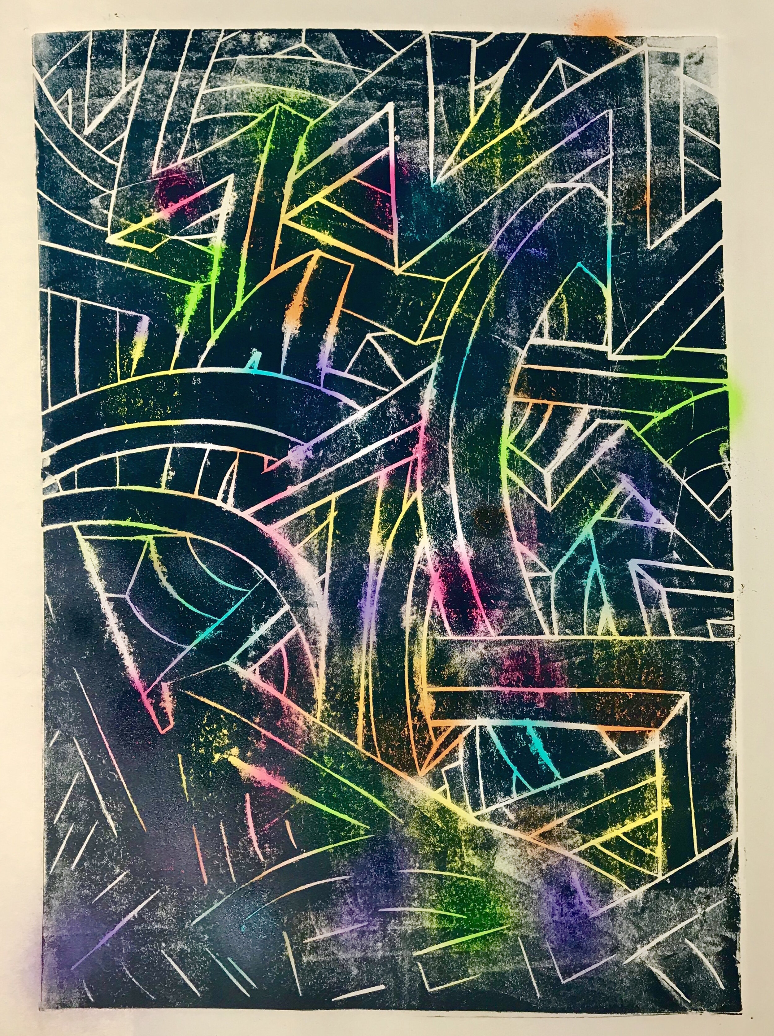 Linocut print and spray paint on newsprint, 59.1 x 42 cm, 2020