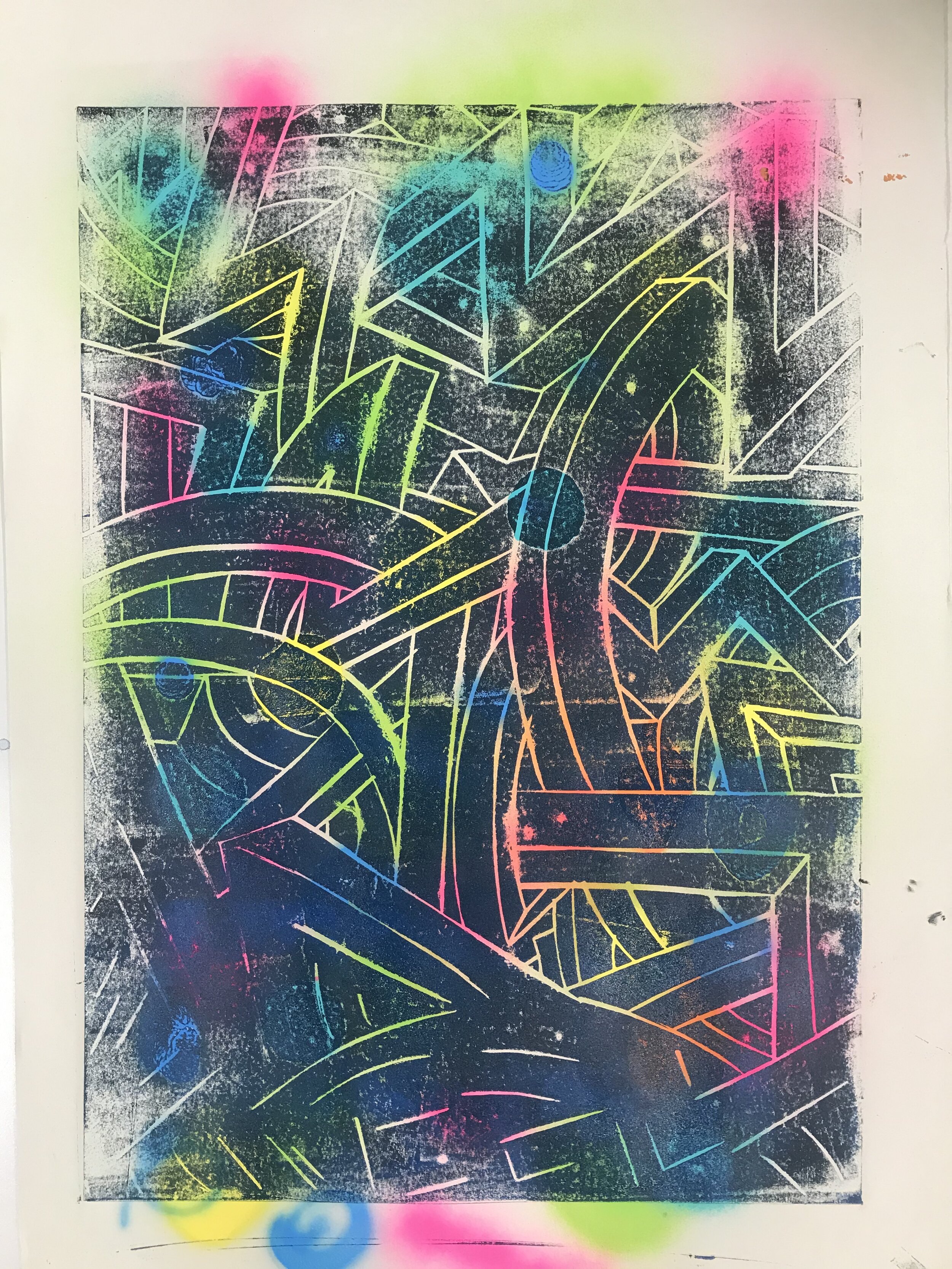 Linocut print and spray paint on newsprint, 59.1 x 42 cm, 2020