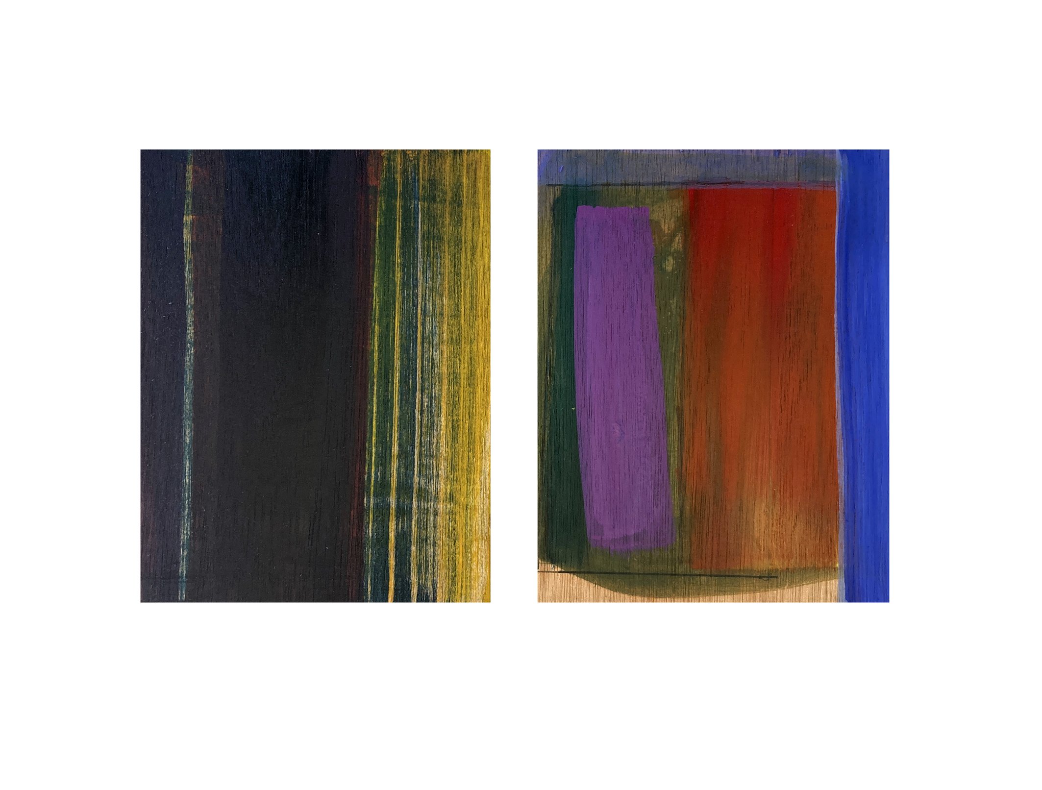 Untitled (Green Yellow) and Untitled (Purple Blue Orange) 20 x 25 cm, oil on marine ply, 2024