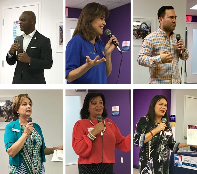 Speakers at the LWVMD 2018 Legislative Briefing included Florida lawmakers (top row) Representative Kionne McGhee - Chair, of Miami-Dade Delegation; Senator Annette Taddeo; and Representative Nick Duran; and (bottom row) LWVMD board members Letty Pelaez, Marisol Zenteno, and Lucia Baez.