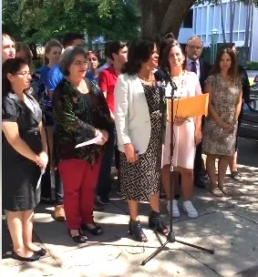 LWVMD President Marisol Zenteno, flanked by Miami-Dade Commissioner Daniella Levine-Cava and New Florida Majority Director Andrea Mercado, as well as representatives of other community organizations and several students, called for early voting sites on college campuses at a Sept. 13 press conference.