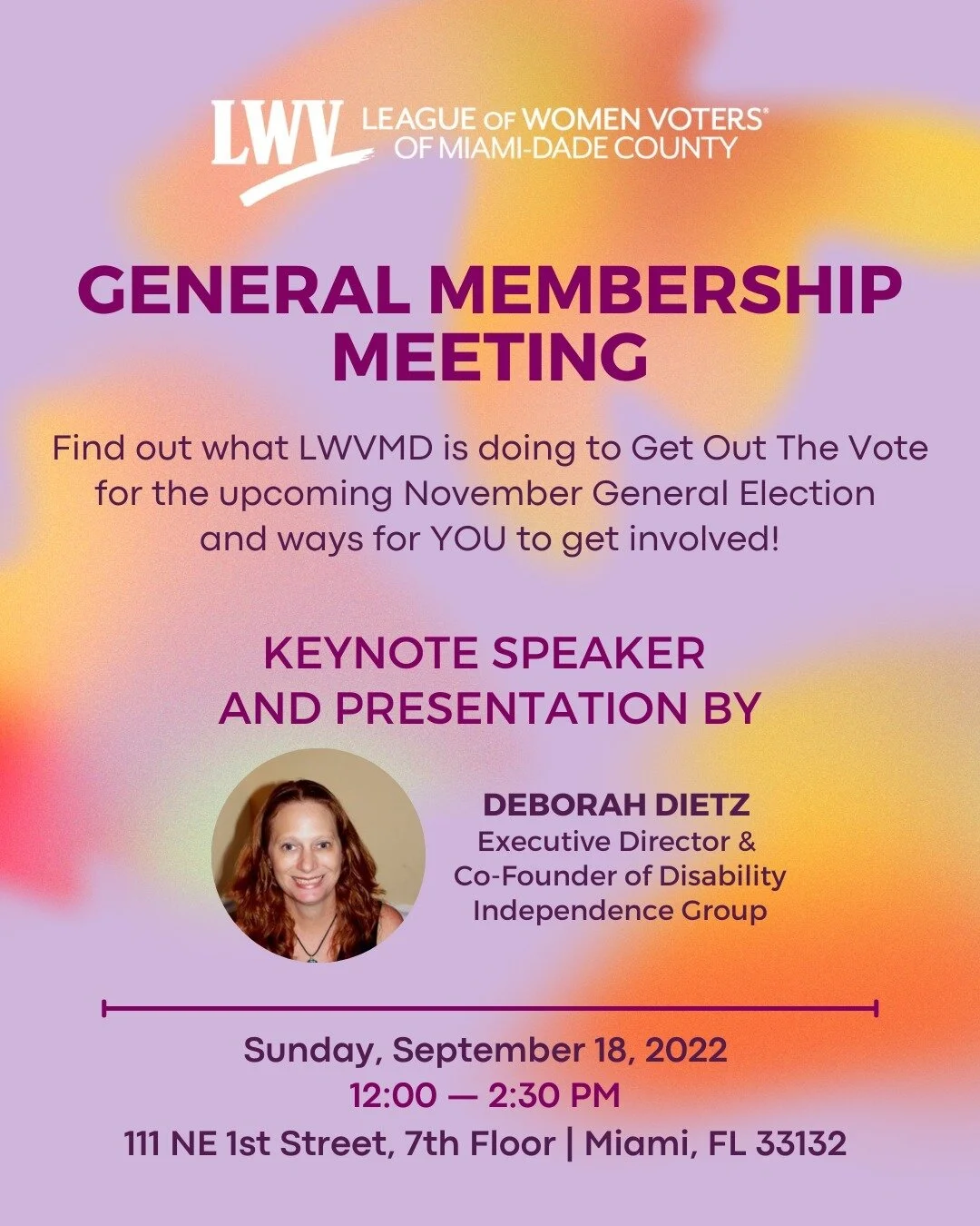 JOIN US! Attend our upcoming General Membership Meeting on Sunday, Sept. 18. We are thrilled to be joined by Deborah Dietz, executive director and co-founder of @disabilityindependencegroup, as our keynote speaker! Meet our members and learn about ho