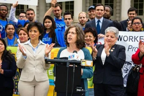 Carmen Arroyo and Helen Rosenthal celebrate the New York City Council's advancements in establishing the Worker Cooperative Business Development Initiative.