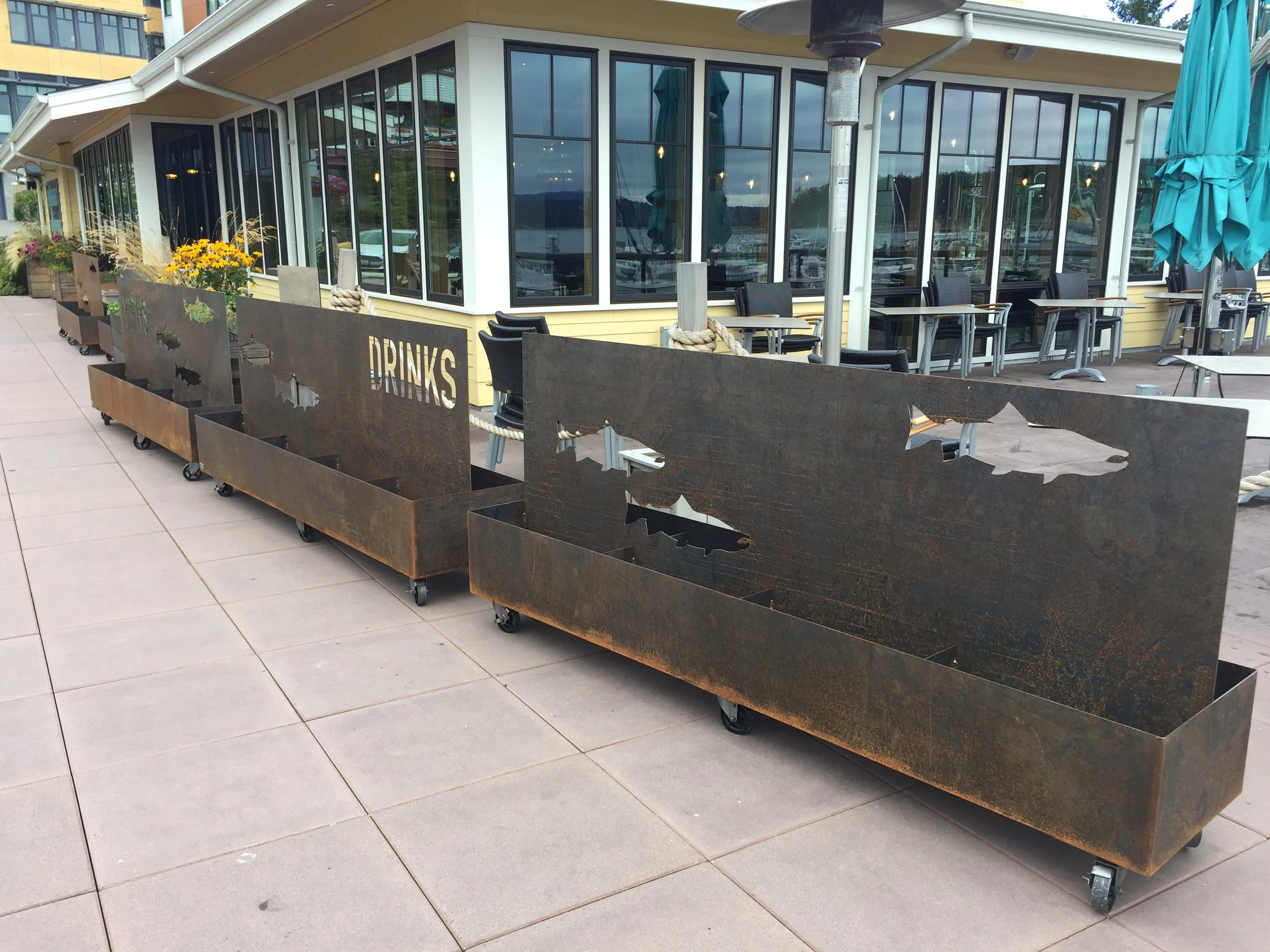 Branded Corten planter boxes for Downrigger's Restaurant in Friday Harbor, WA 
