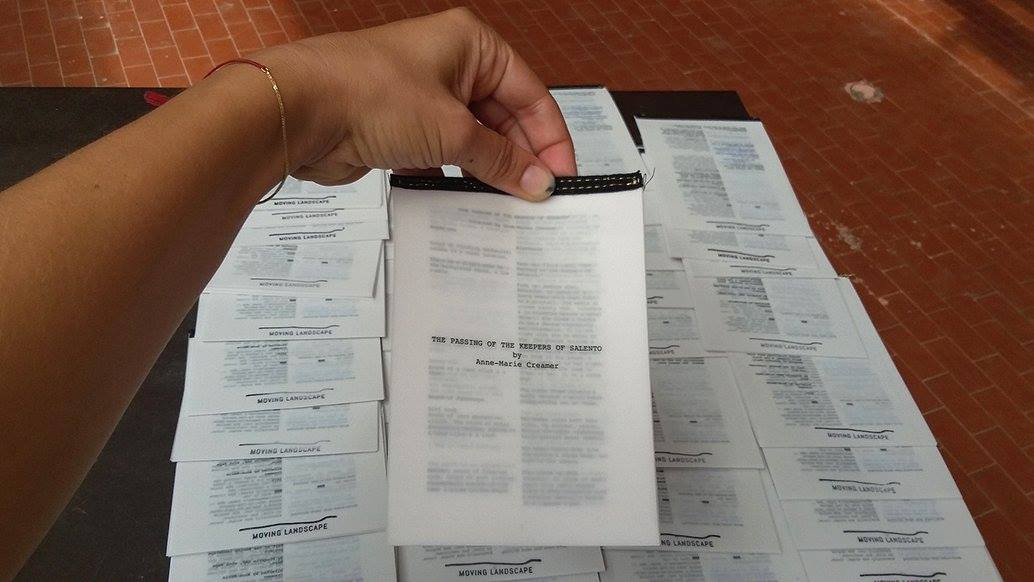 Anne-Marie's screenplay for the book, hand-sewn, the screenplay includes the description of sound effects, dialogue and action to make a complete text based version of the film, 'The Passing of the Keepers of Salento'.