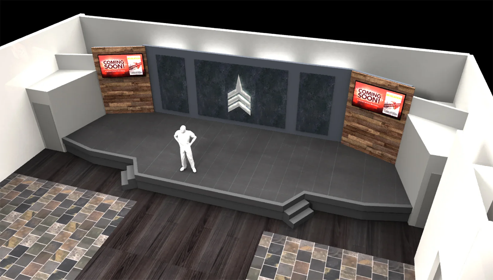 Worship Center Expansion Proposal with a widened stage area and additional seats in the front. (Renderings updated 3/23/19) Designer - Darren Miller)