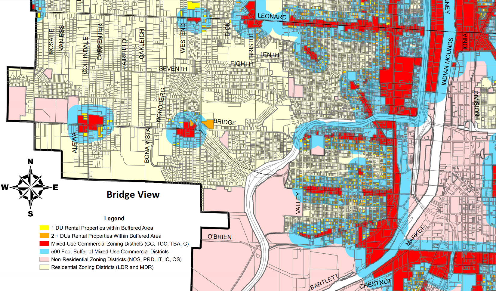 Bridge St. View Showing in blue the 500 ft. Buffer.