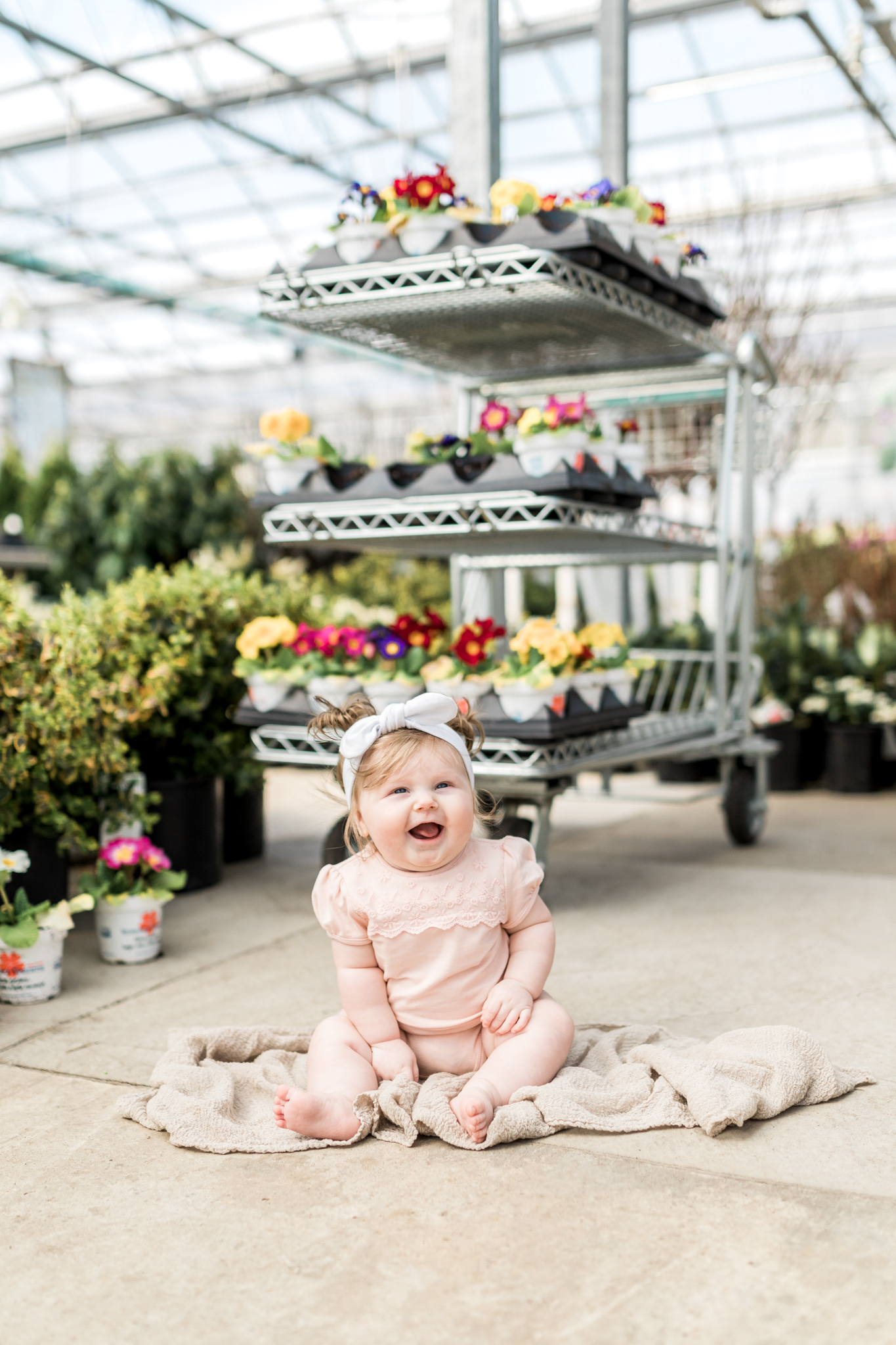 6 month baby girl milestone session at a greenhouse