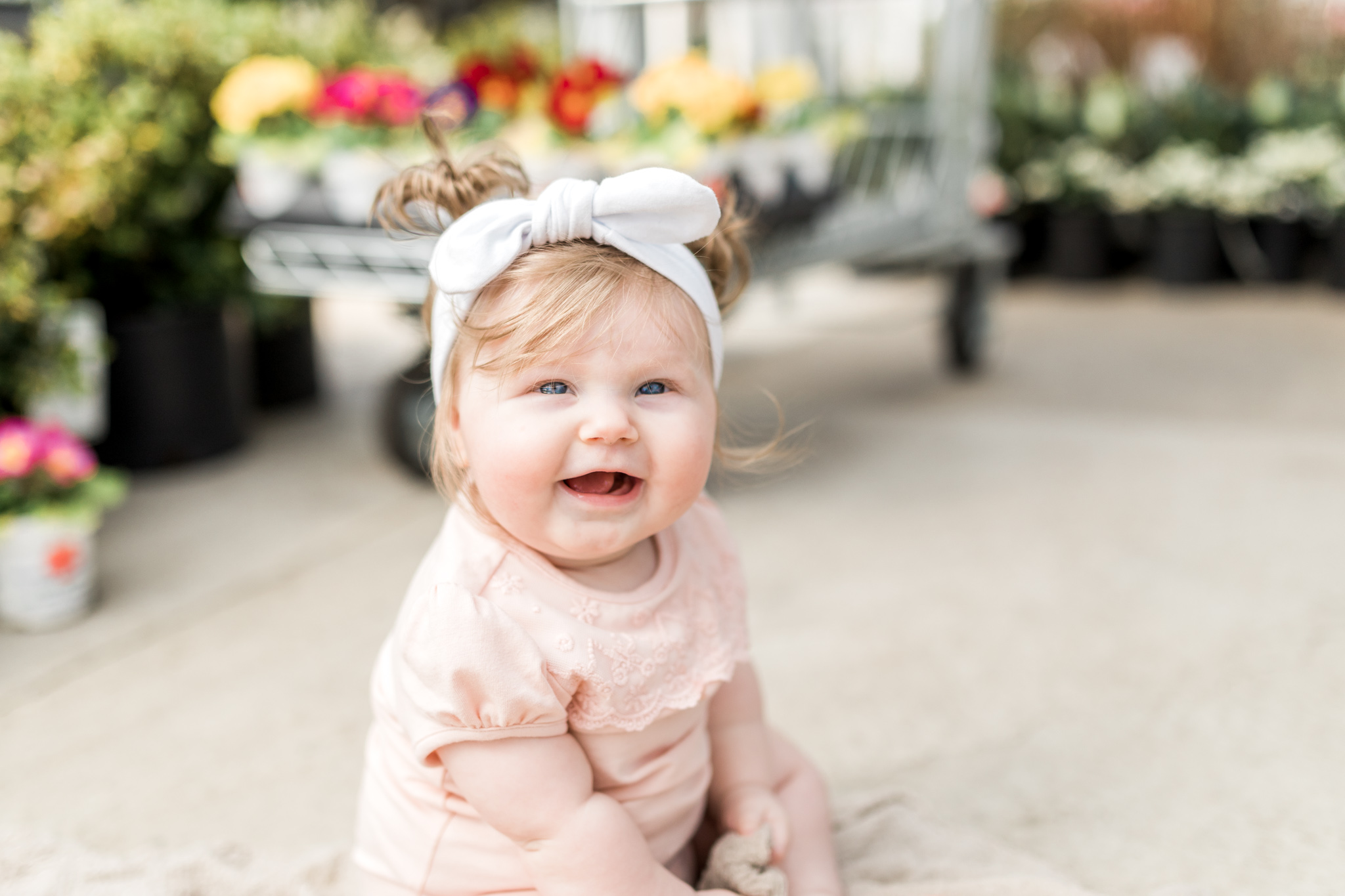 6 month baby girl milestone session at a greenhouse