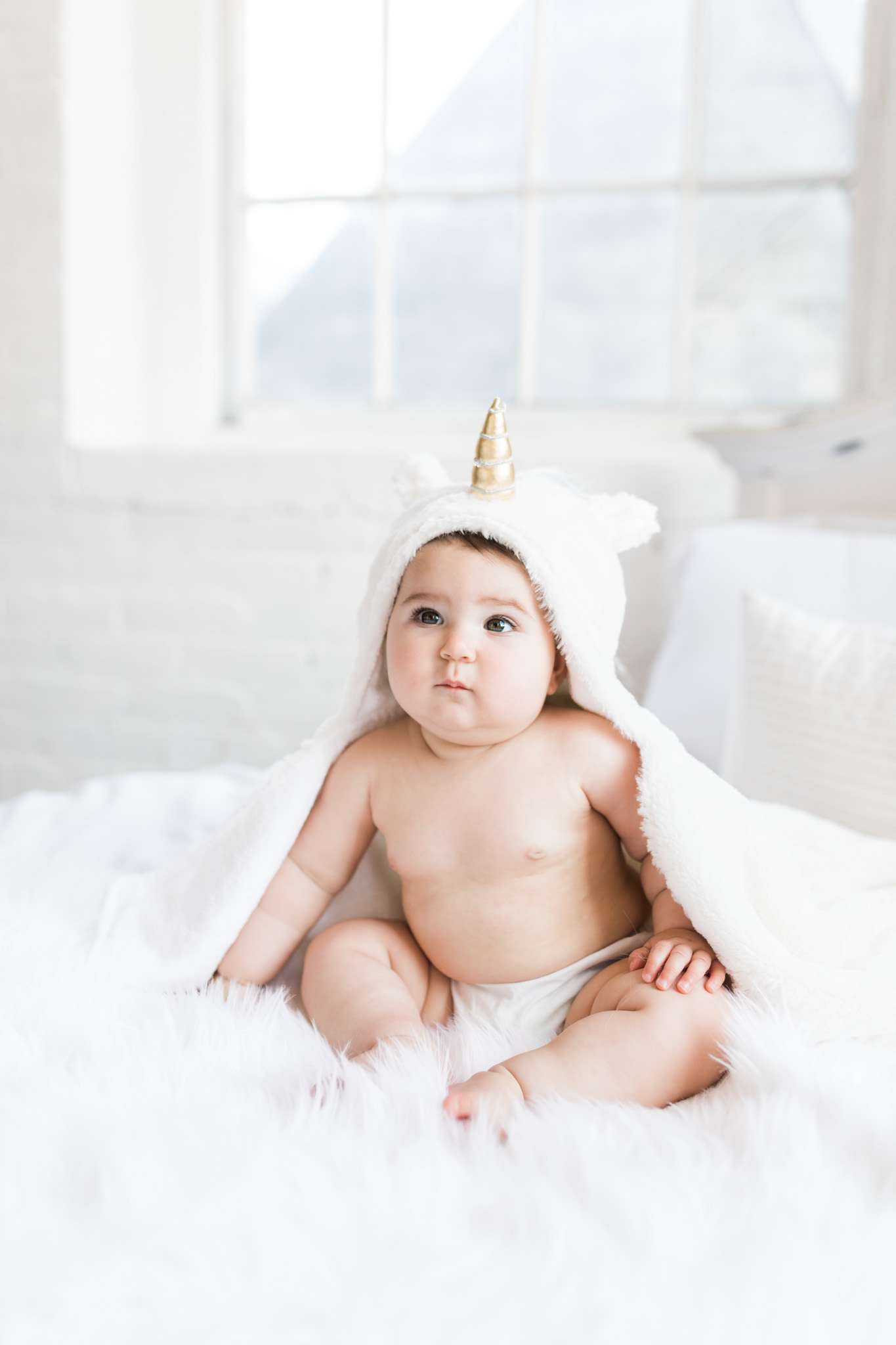 8 Month Baby Girl White Studio Session :: Natural Light :: Grand Rapids Michigan :: Unicorn Blanket