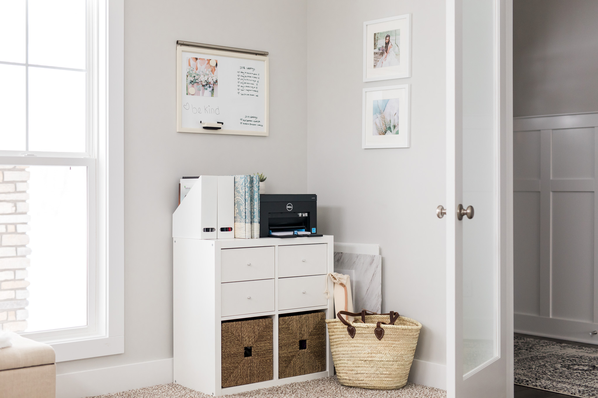 Light and airy mid-century modern home office | Office tour | Girly blush and gold details | white desk | Laurenda Marie Photography