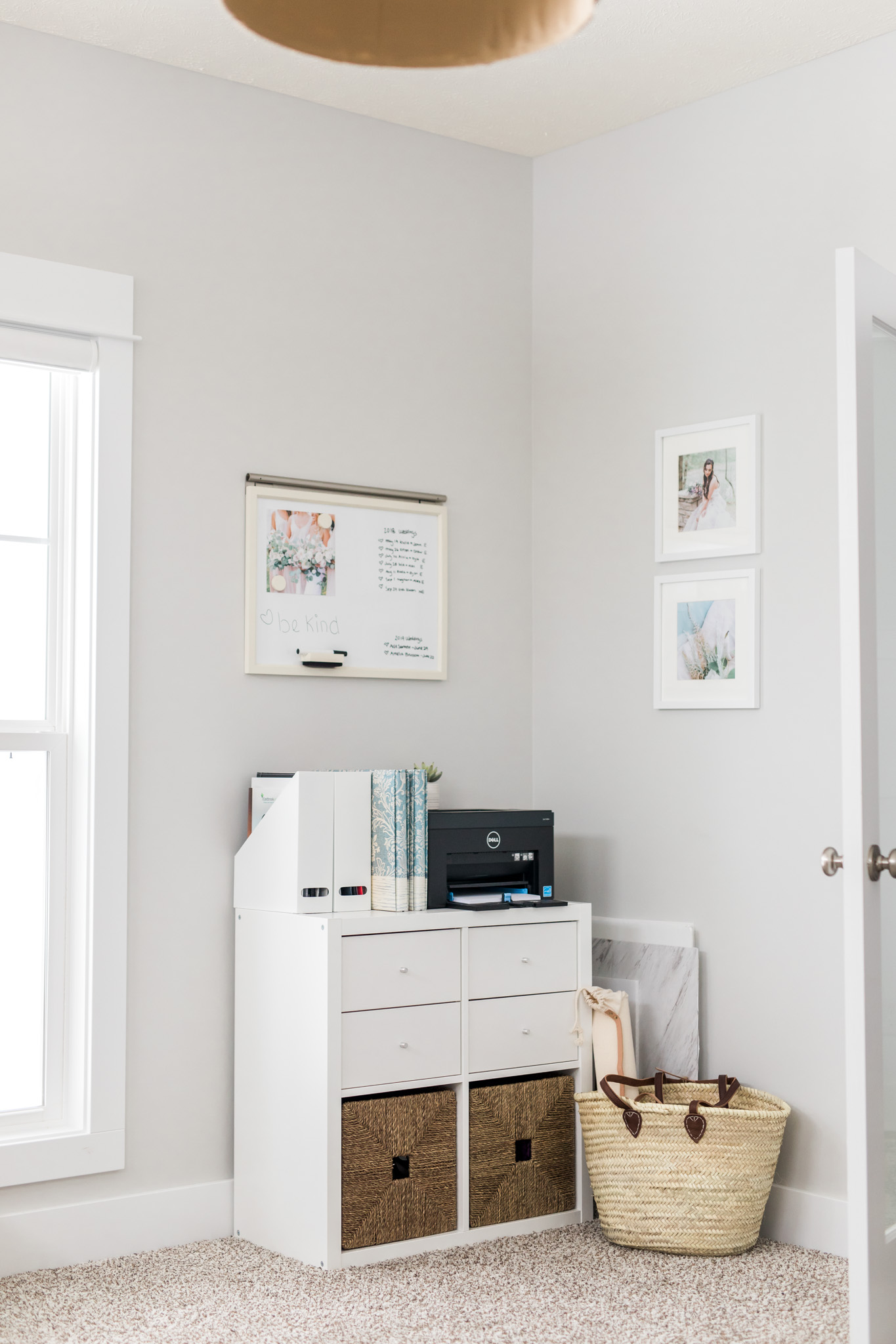 Light and airy mid-century modern home office | Office tour | Girly blush and gold details | white desk | Laurenda Marie Photography