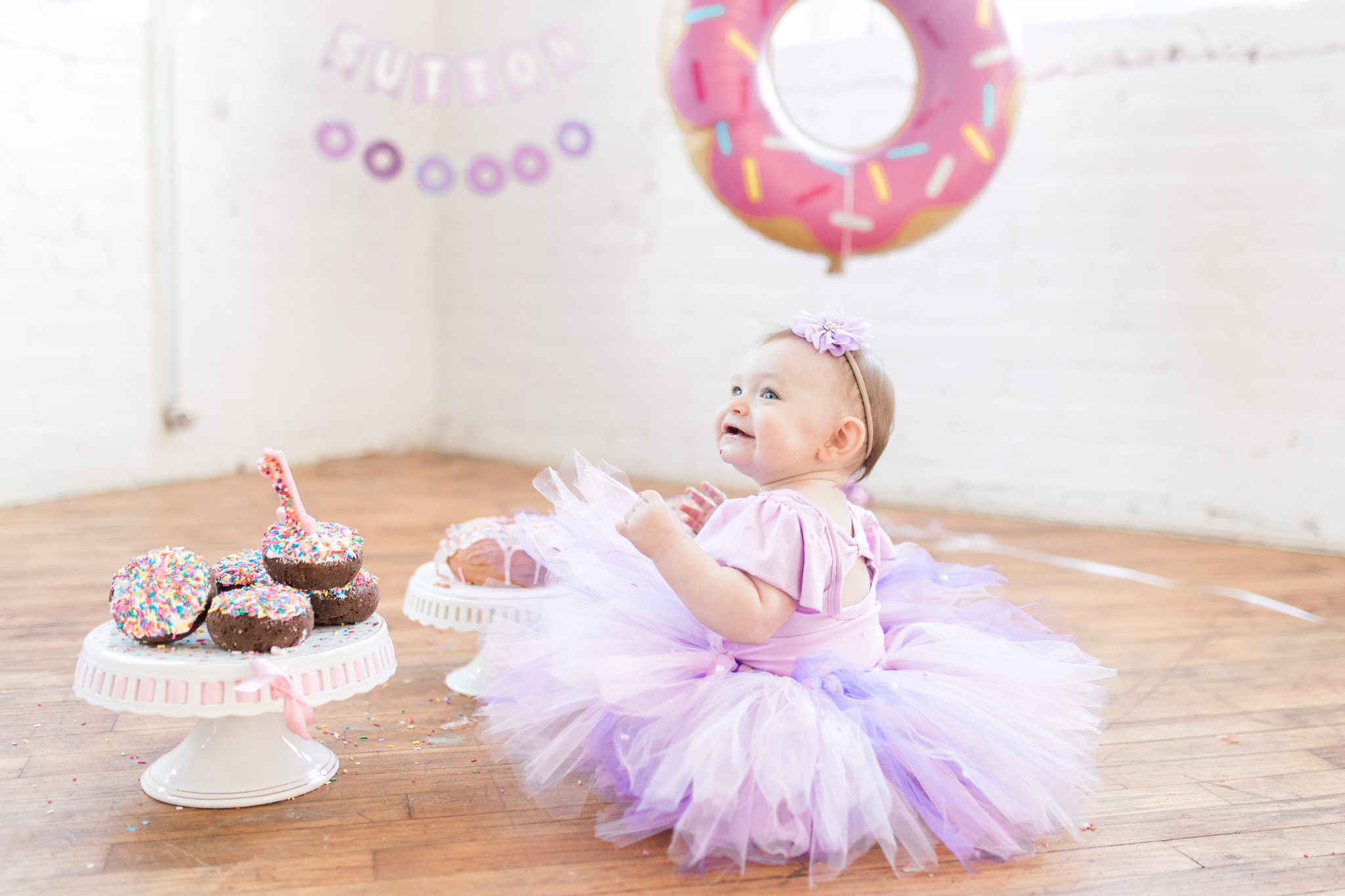 First Birthday Session In Studio | Cake Smash Donut Smash Session | Purple Tutu Skirt Baby Girl