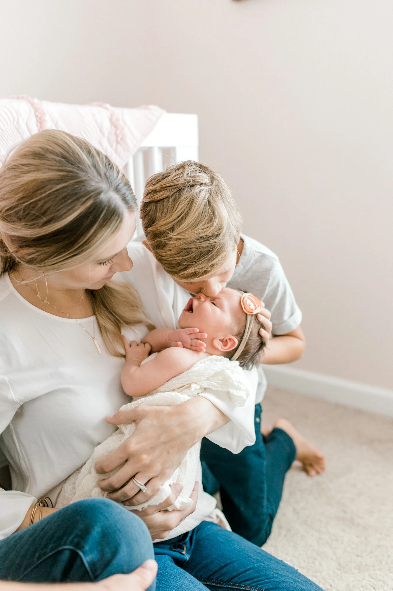 Blush Pink Baby Girl Nursery | Light & Airy Nursery | White, Pink, and Gold Nursery | In-Home Newborn Lifestyle Session | Laurenda Marie Photography