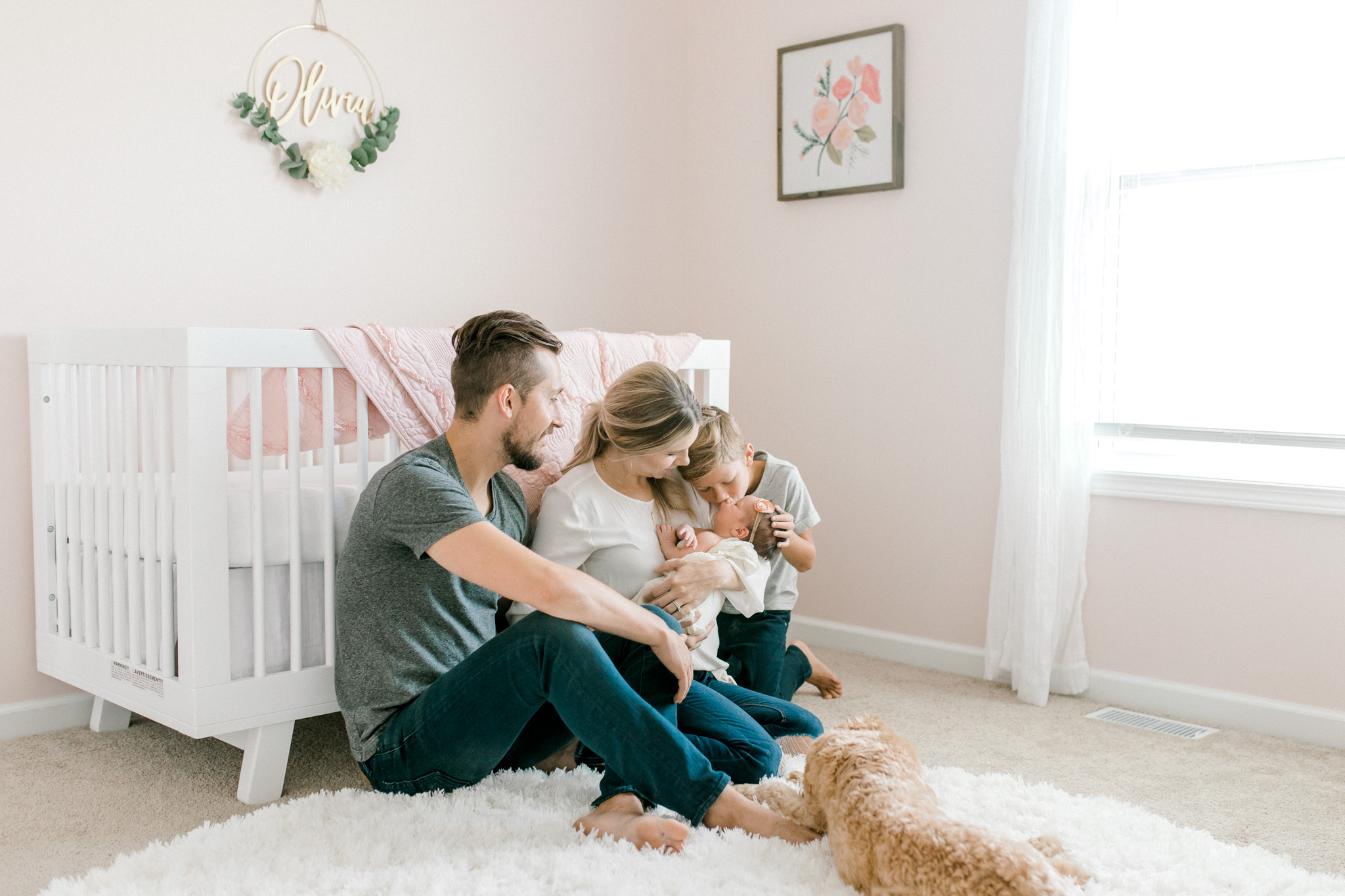 Blush Pink Baby Girl Nursery | Light & Airy Nursery | White, Pink, and Gold Nursery | In-Home Newborn Lifestyle Session | Laurenda Marie Photography