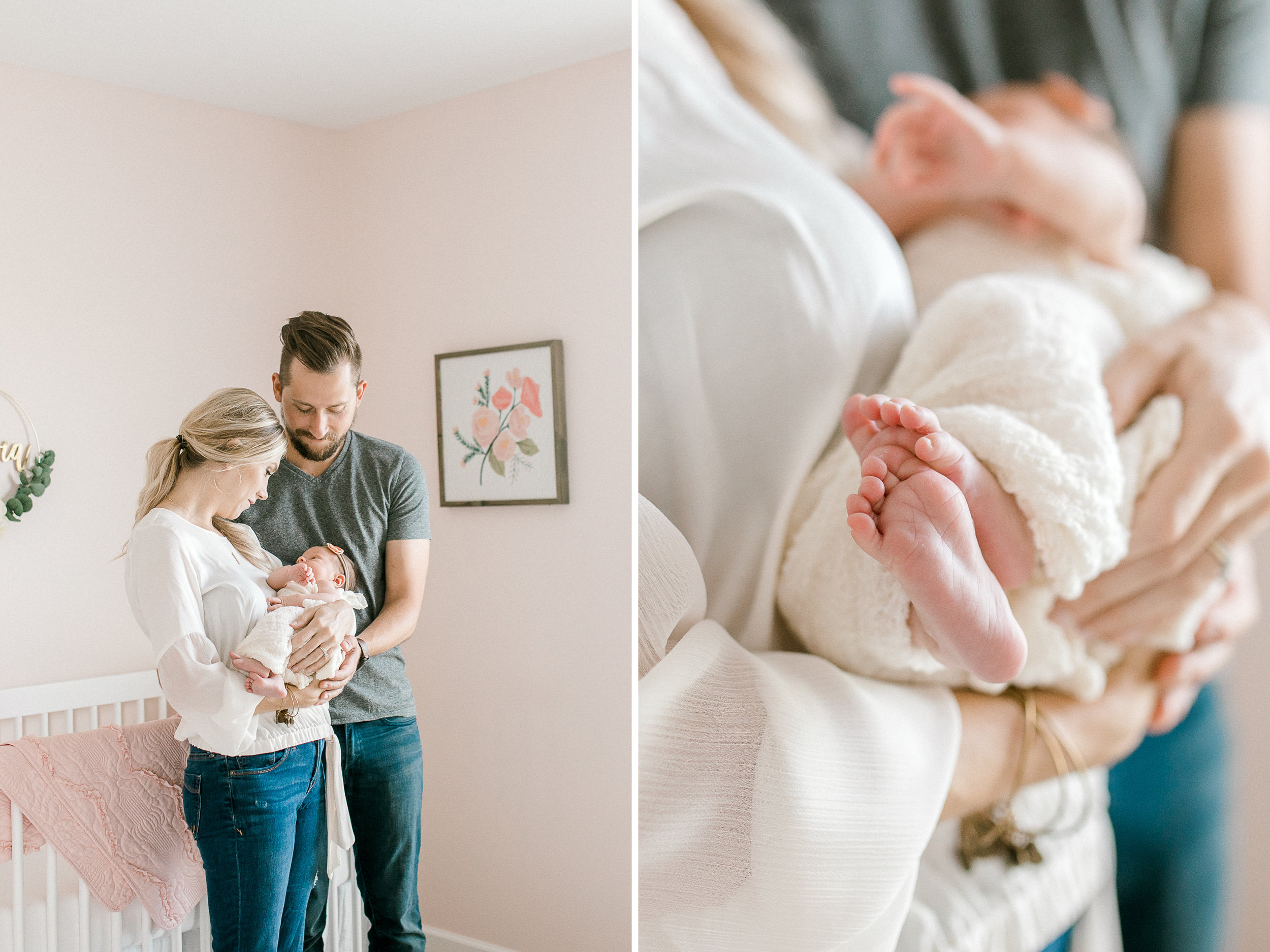 Blush Pink Baby Girl Nursery | Light & Airy Nursery | White, Pink, and Gold Nursery | In-Home Newborn Lifestyle Session | Laurenda Marie Photography