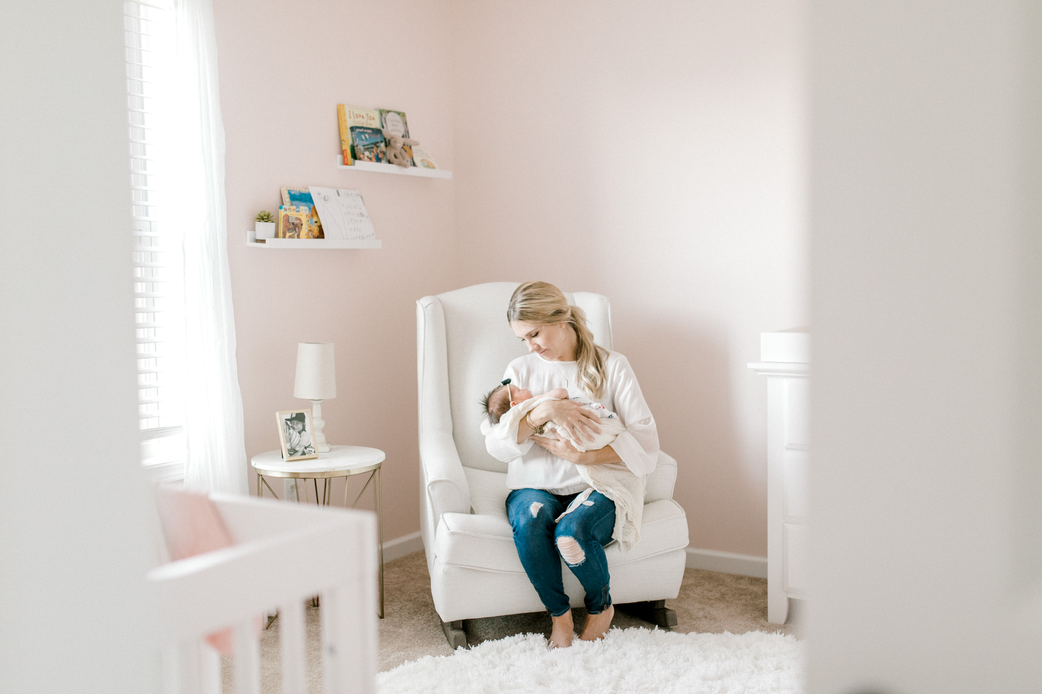 Blush Pink Baby Girl Nursery | Light & Airy Nursery | White, Pink, and Gold Nursery | In-Home Newborn Lifestyle Session | Laurenda Marie Photography