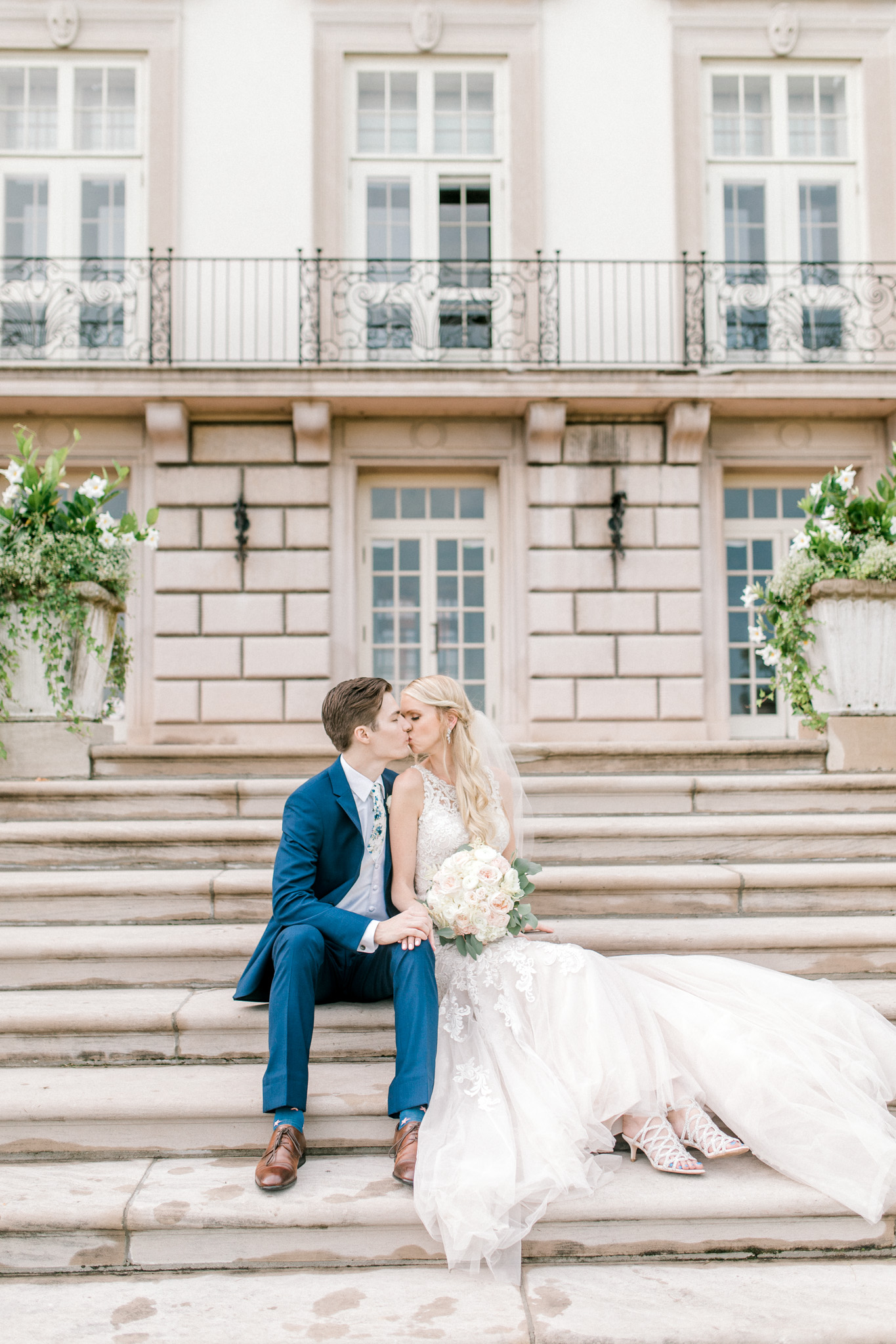 Elegant, Trendy Wedding in Detroit Michigan | Lace Wedding Gown and Royale Blue Tux | Floral Tie | Light & Airy Michigan Wedding Photographer