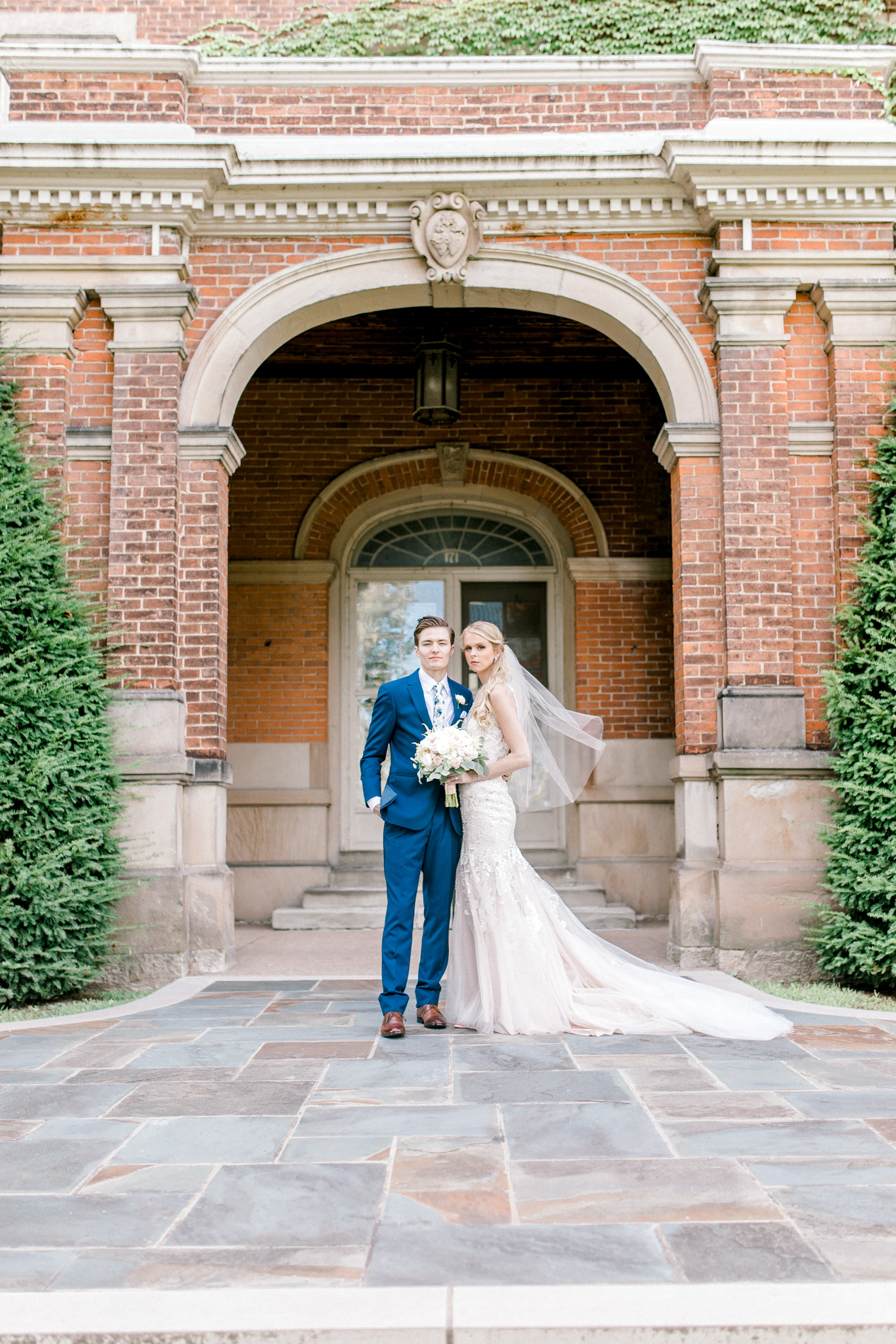 Elegant, Trendy Wedding in Detroit Michigan | Lace Wedding Gown and Royale Blue Tux | Floral Tie | Light & Airy Michigan Wedding Photographer