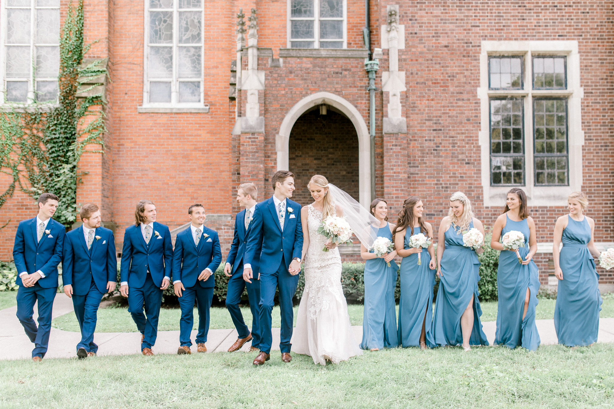 Elegant, Trendy Wedding in Detroit Michigan | Lace Wedding Gown and Royale Blue Tux | Floral Tie | Light & Airy Michigan Wedding Photographer