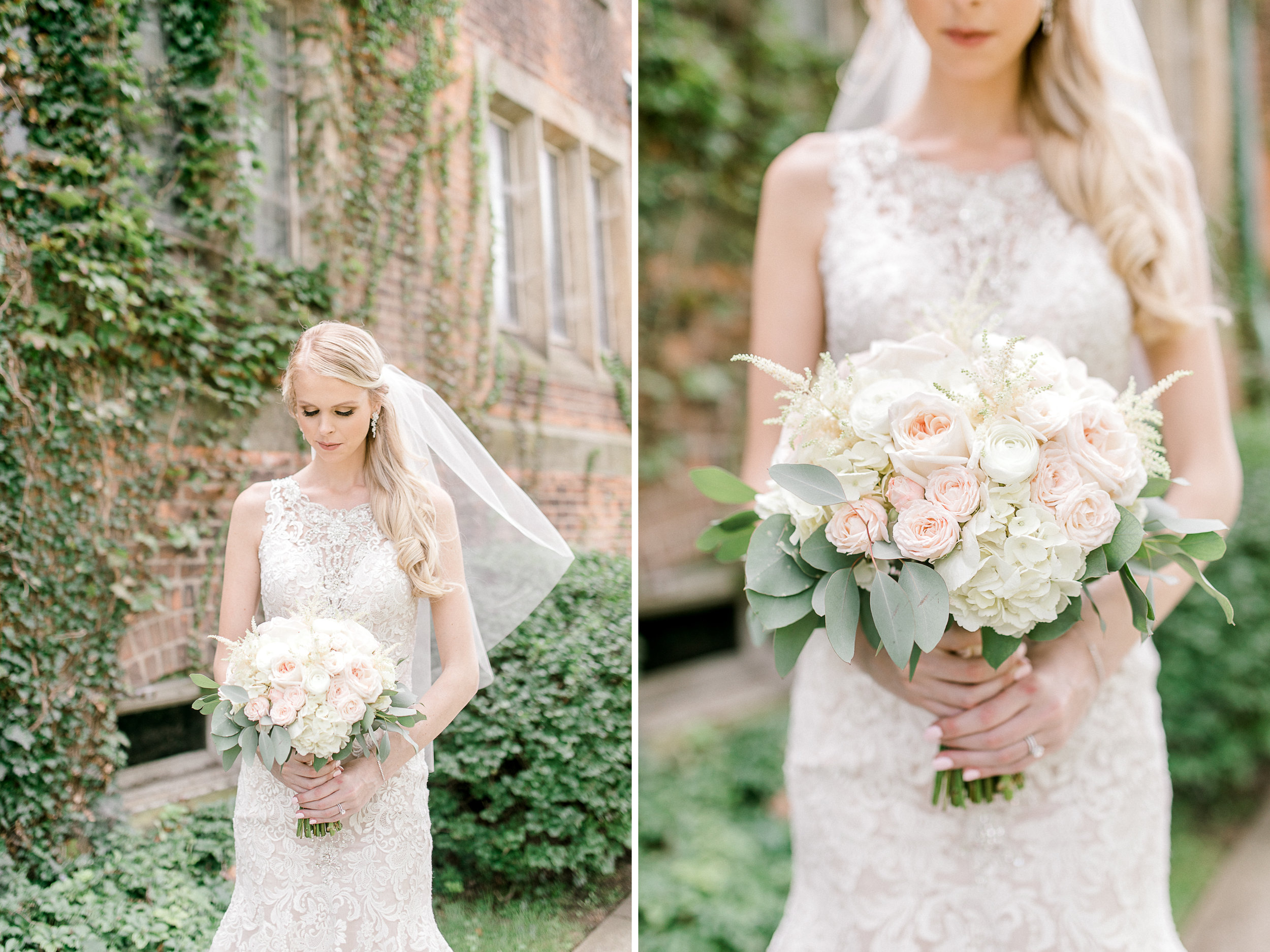 Elegant, Trendy Wedding in Detroit Michigan | Lace Wedding Gown and Royale Blue Tux | Floral Tie | Light & Airy Michigan Wedding Photographer