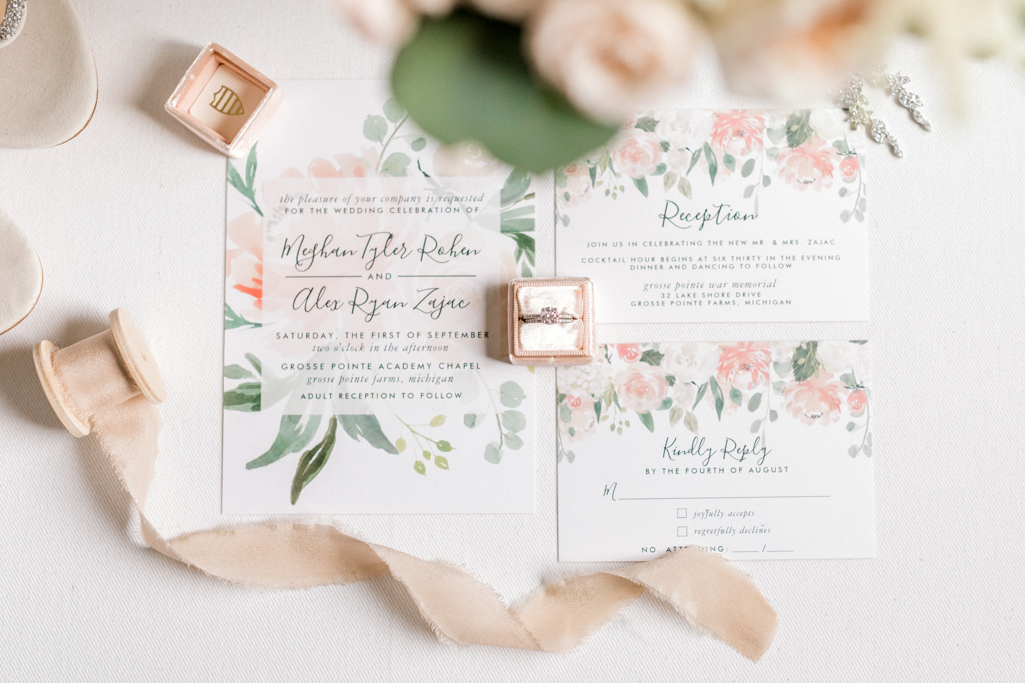 Elegant, Trendy Wedding in Detroit Michigan | Lace Wedding Gown and Royale Blue Tux | Floral Tie | Light & Airy Michigan Wedding Photographer