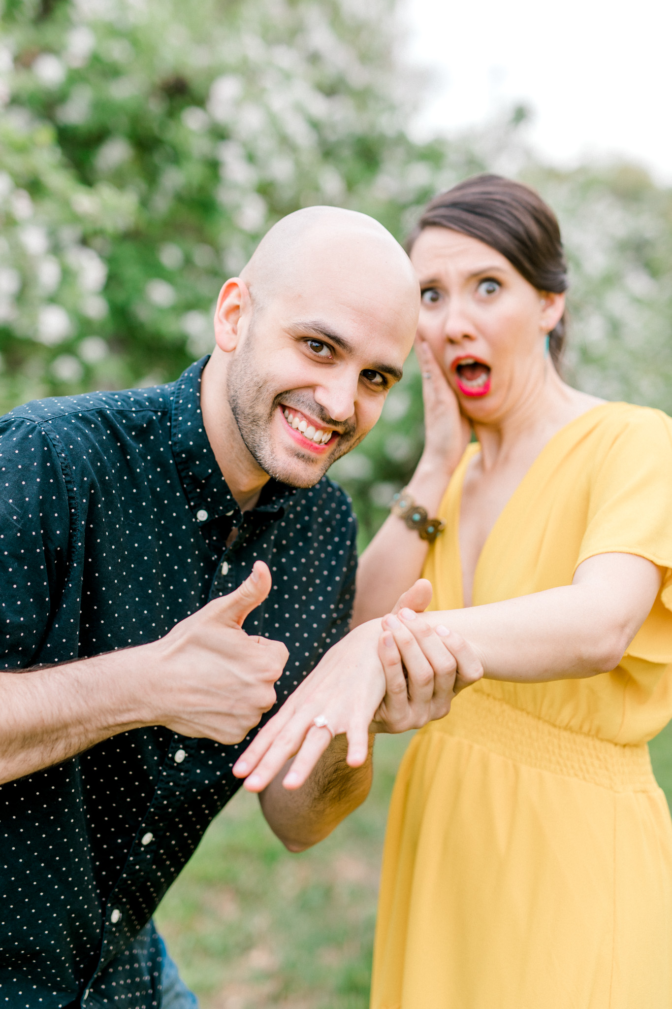 Spring Apple Blossom Engagement Session at the Orchard | Engagement Bouquet | Mustard Yellow Dress | What to Wear to Your Engagement Session | Grand Rapids Wedding Photographer