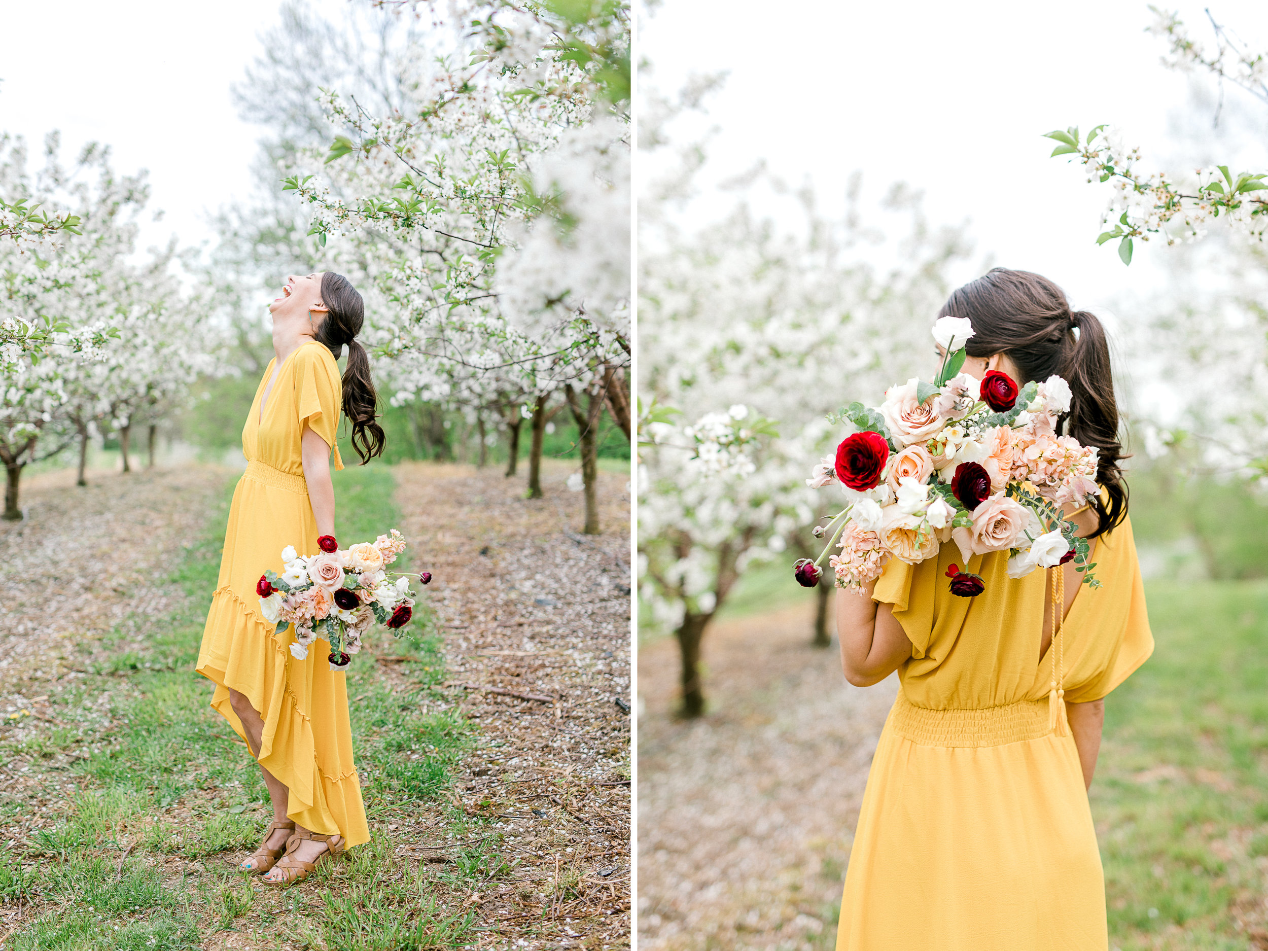 Spring Apple Blossom Engagement Session at the Orchard | Engagement Bouquet | Mustard Yellow Dress | What to Wear to Your Engagement Session | Grand Rapids Wedding Photographer