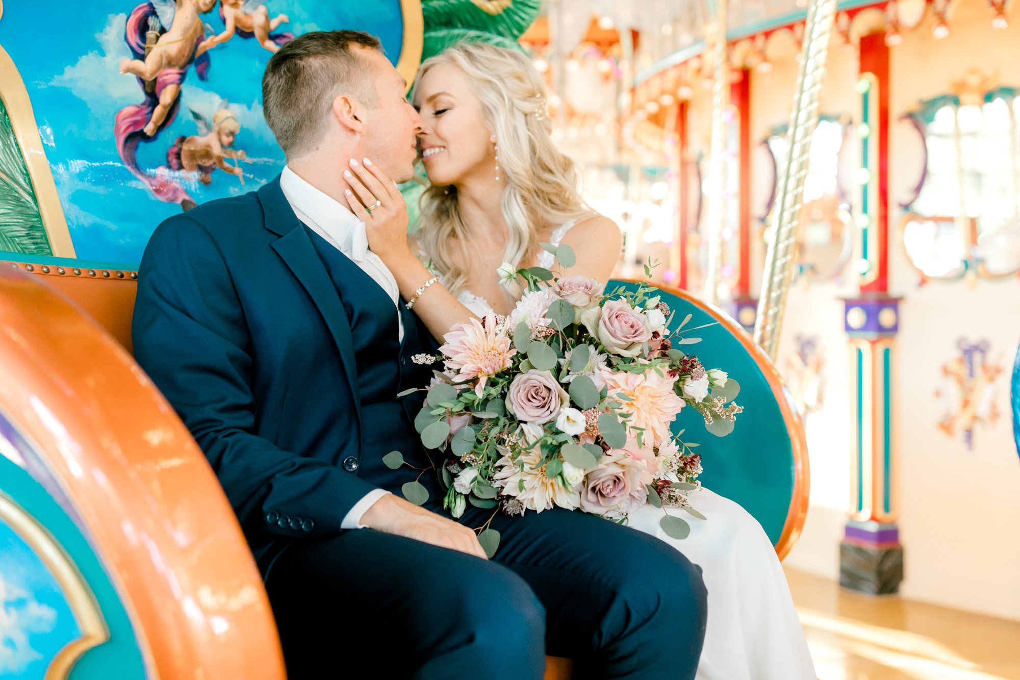 St Joe Wedding at Shadowland | Fine Art Michigan Wedding Photography | Bride &amp; Groom on Carousel | Laurenda Marie Photography