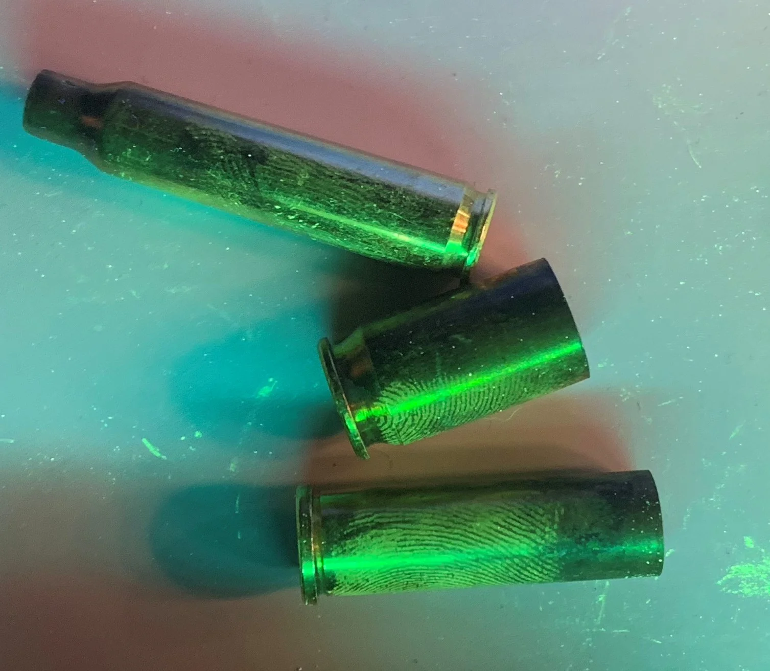 Detection of fingerprints on brass casings.