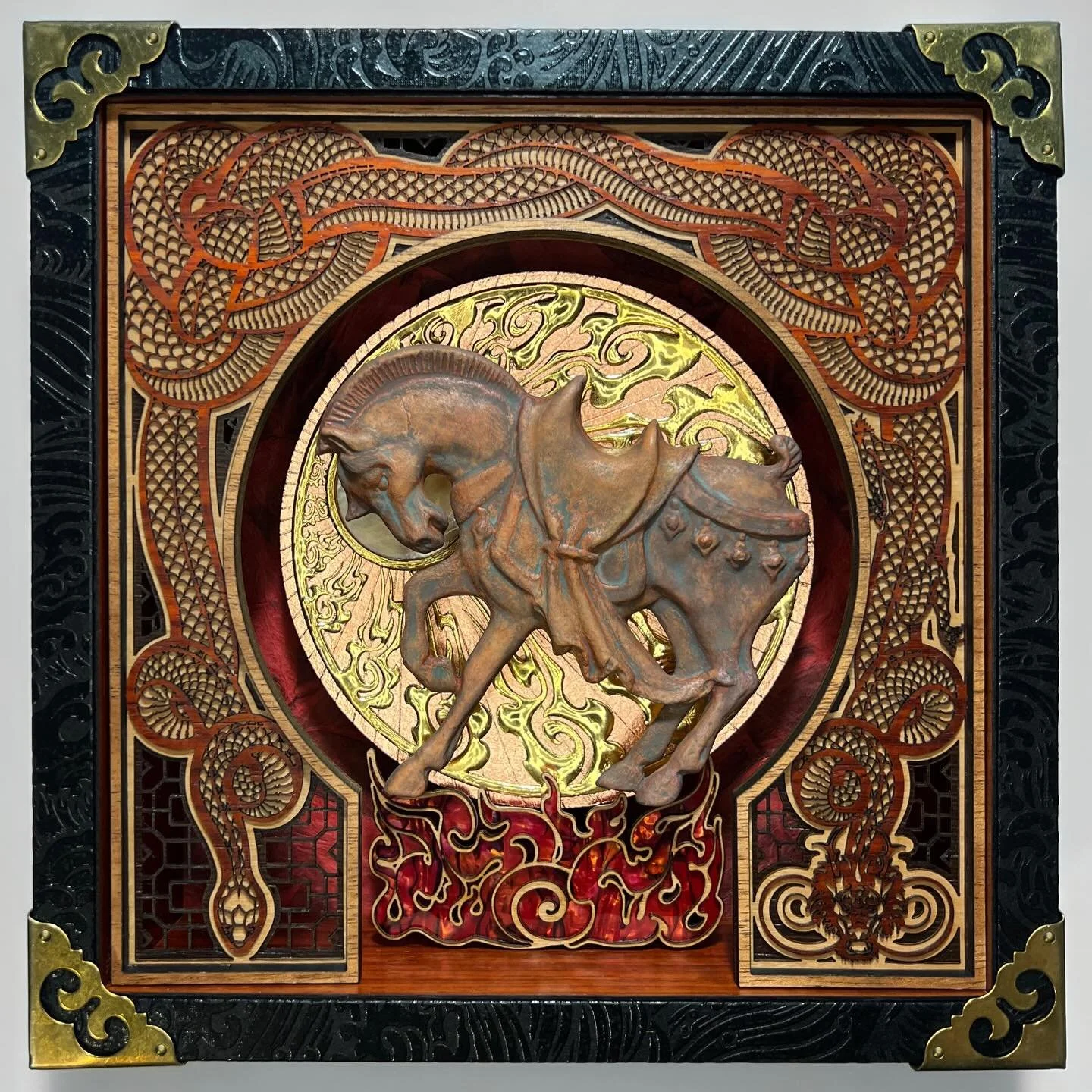 This piece is now available through @valkariegallery! The horse is cast paper, coated in matte medium and transparent watercolor ground, then painted in watercolor. The background is made from several layers of cut paper gilded in 24K gold and copper