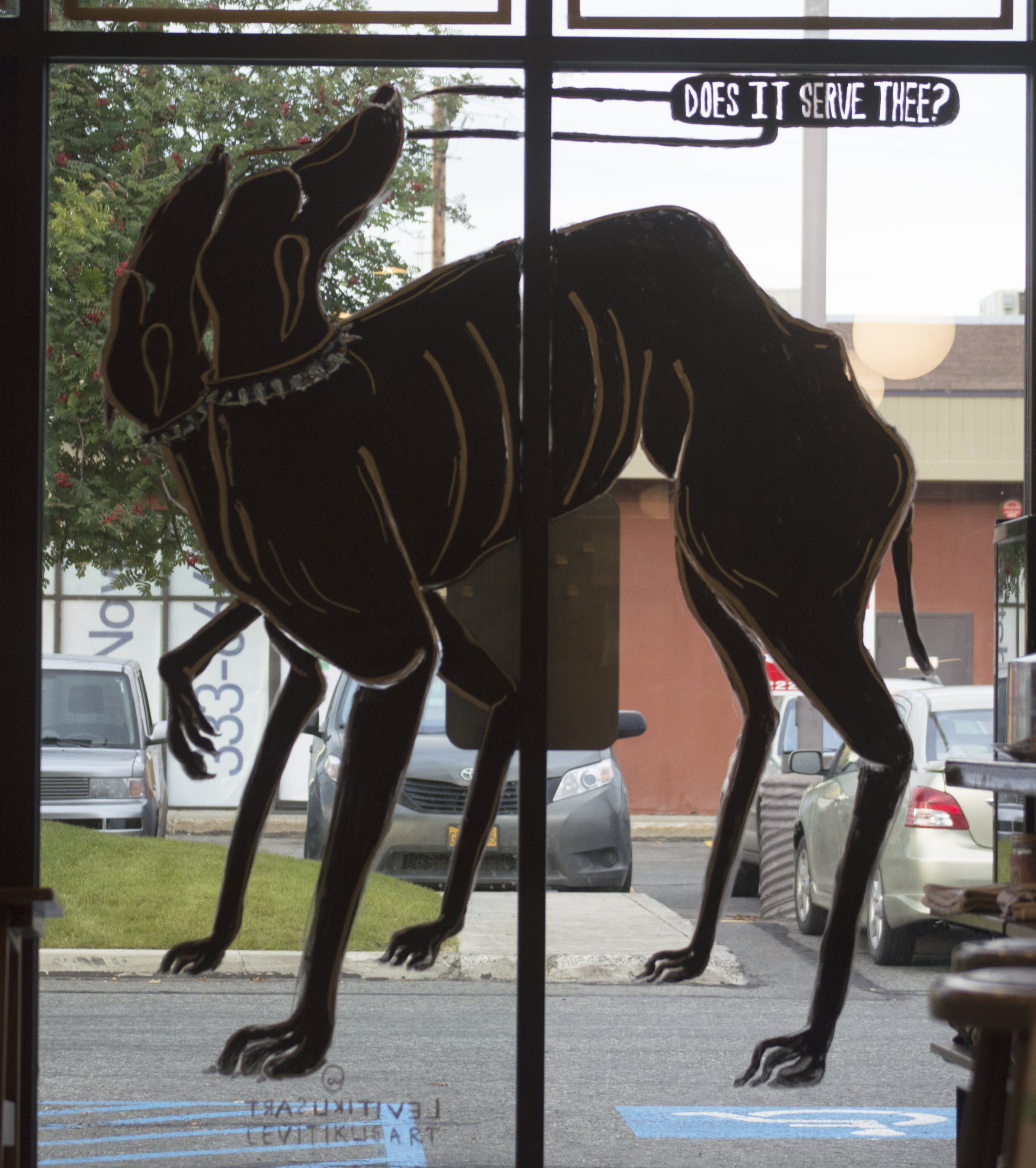 Hell Hound window mural at Leroy's Coffee view 2
