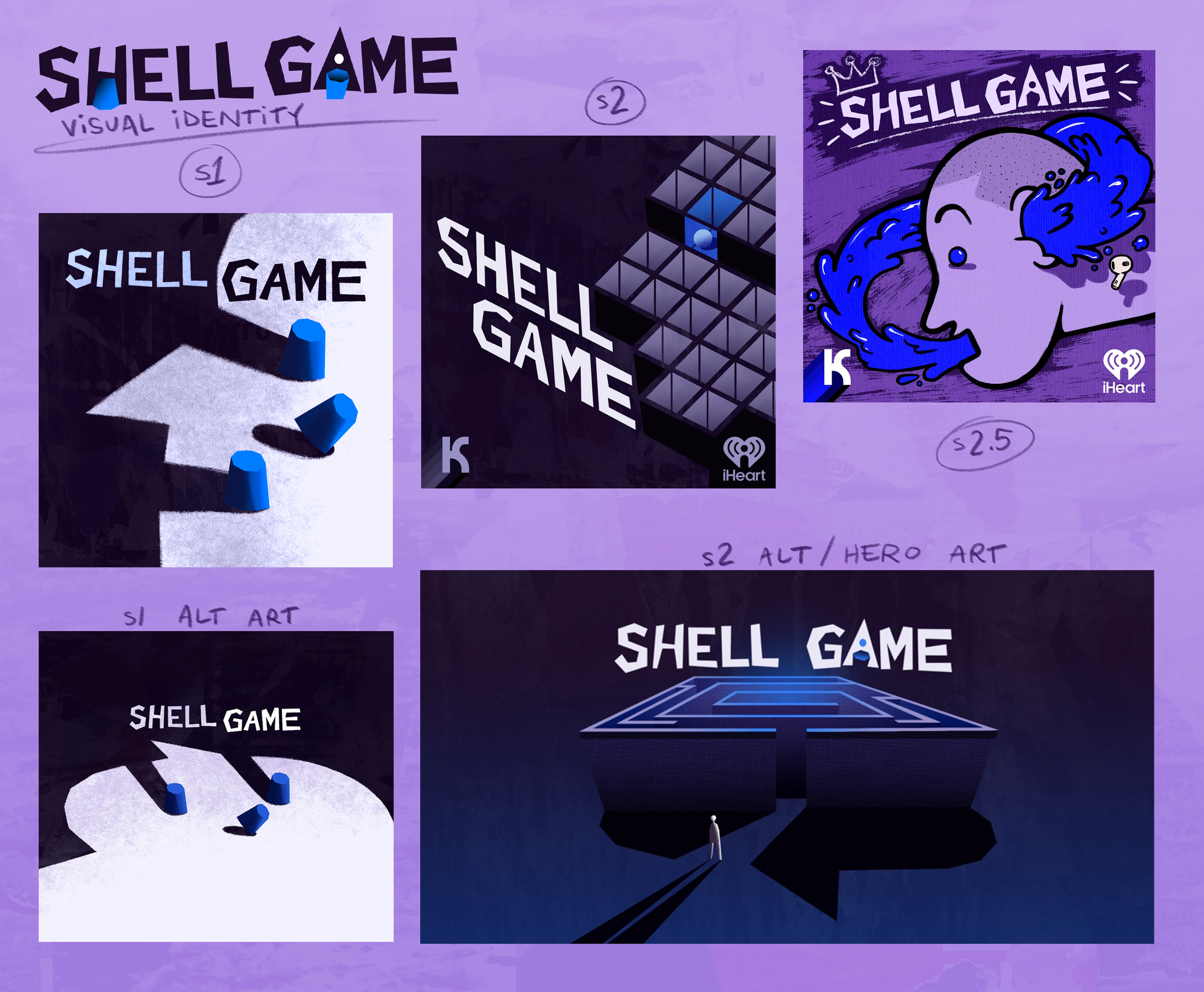  Visual ID work for 2.5 seasons of SHELL GAME –– a podcast exploring the insidious and bizarre nature/evolution of A.I. in our workplaces and lives. Each season we’ve tried to evolve the art to meet the content –– S2 dealt with the making of a compan
