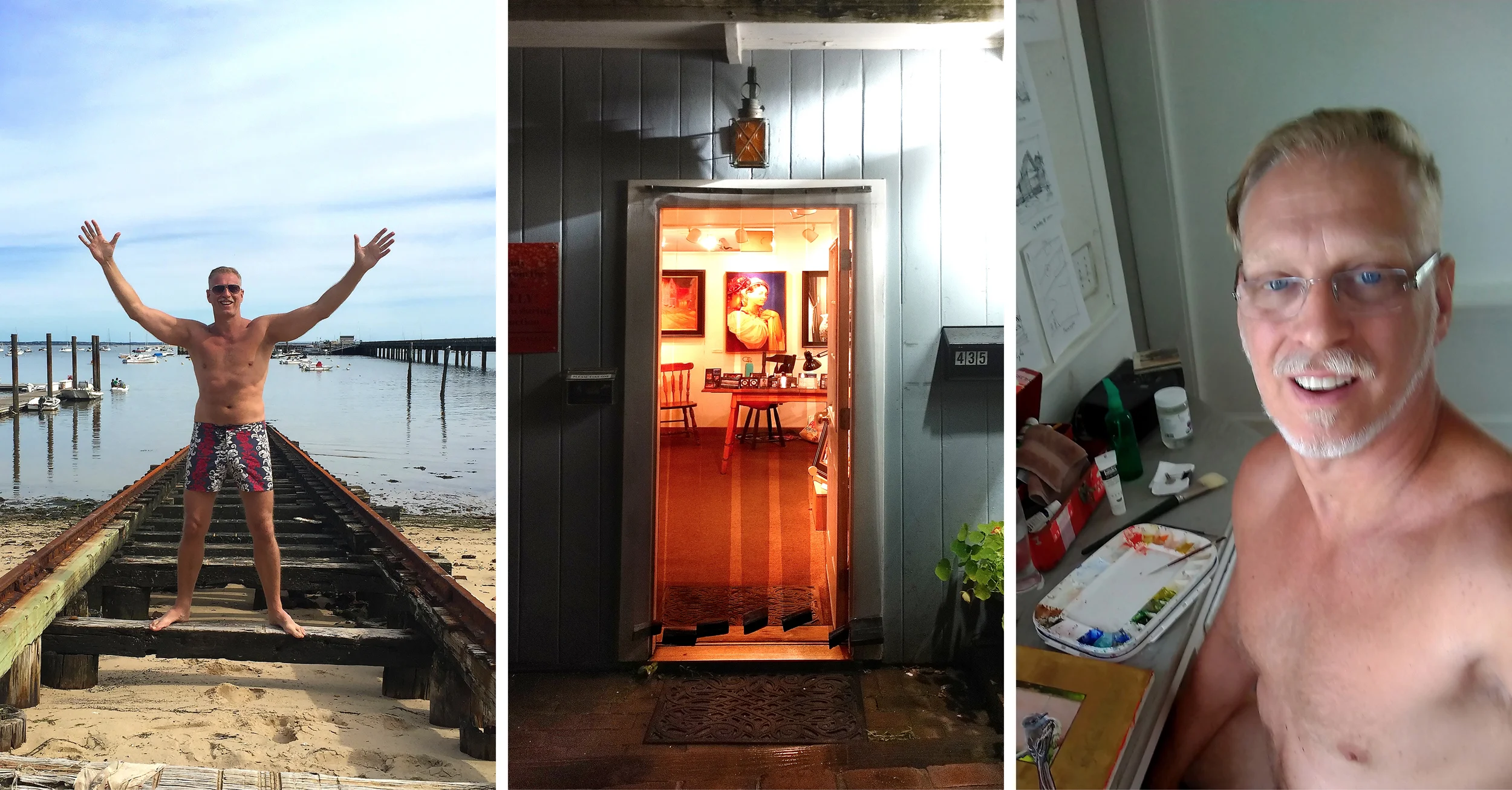 I Love It Here! At left, an abandoned old fishing boat track that would pull boats out of the water during the winter. At center, the entrance to Simie Maryles gallery at night with one of my paintings hanging, nicely visible as you enter! And, at right, even though my main studio is in Brooklyn, I do manage to pick-up a paint brush and do some painting here, even though there’s no air conditioning!