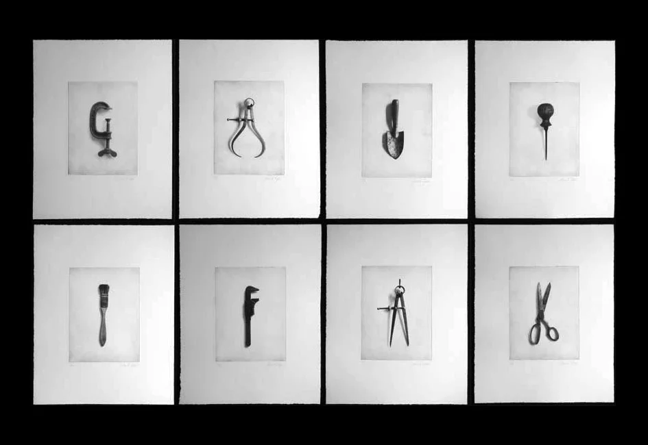 Portrait of my Father - Photogravure prints, each from an edition of 12 Sheet size 20" x 16" Plate size 10.5" x 8" Top row: G-clamp, outside calipers, child's trowel circa. 1969, scratch awl Bottom row: lacquer brush, wrench, spring dividers, tailors sheers
