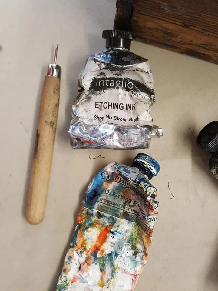 Dry point tool and etching inks